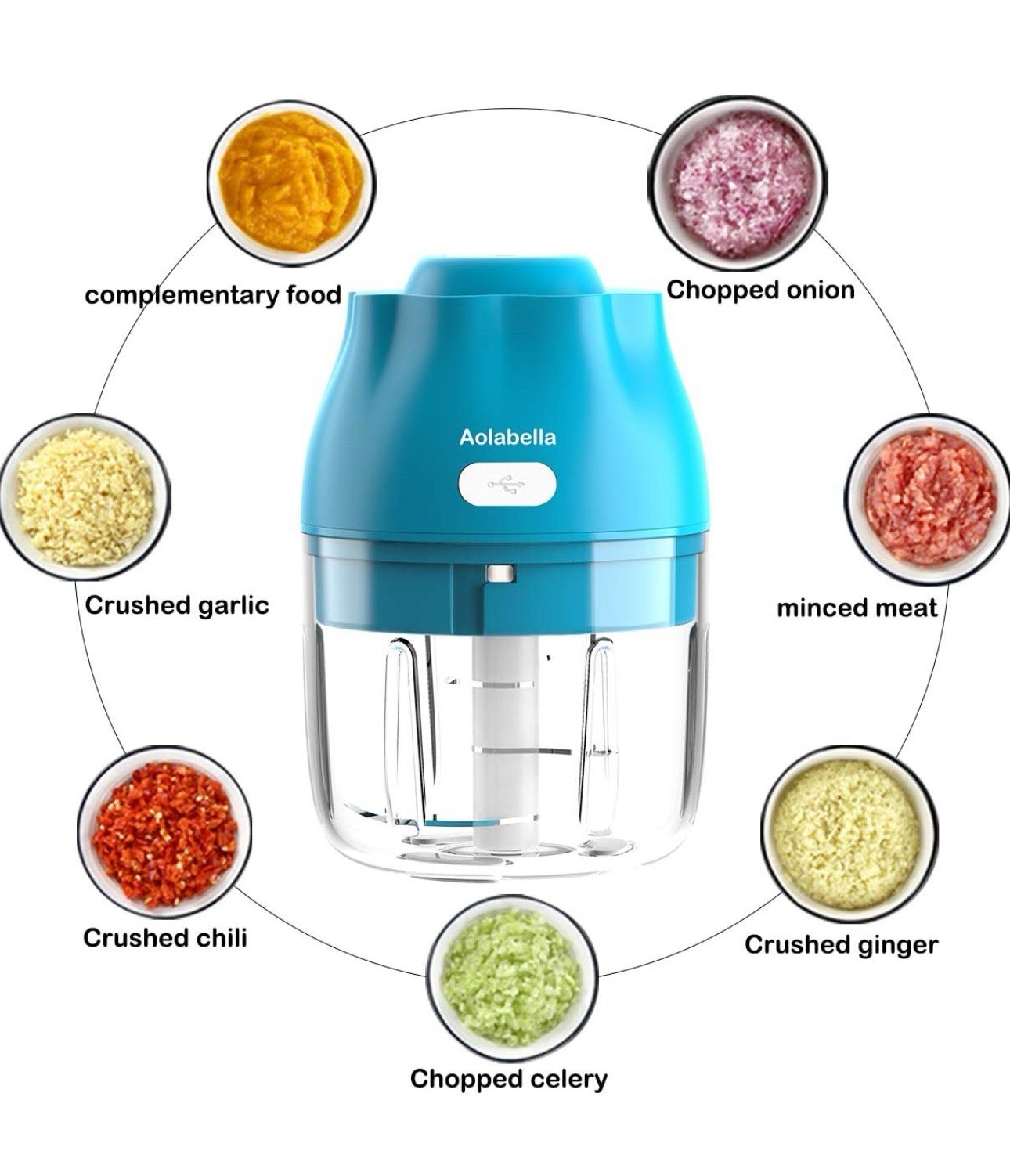 Aolabella Mini Garlic Chopper USB Portable BPA-Free Blue