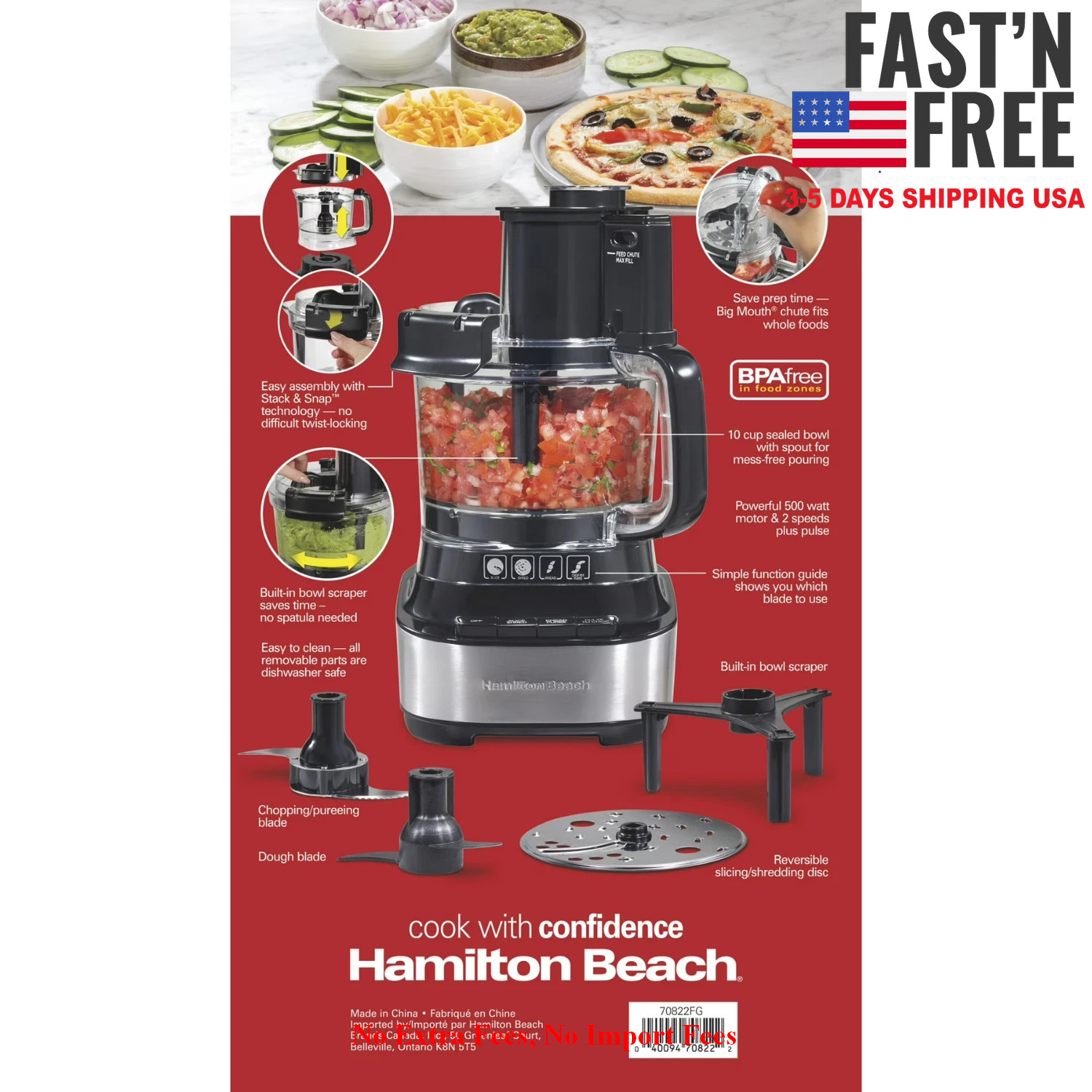 Hamilton Beach 10 Cup Food Processor Stack Snap Large Chute Bowl Scraper Black