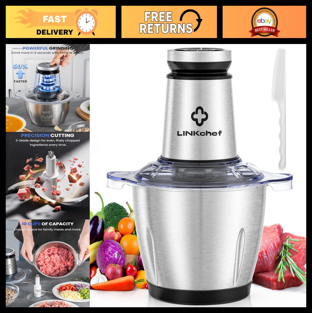 10-Cup Food Processor & Chopper, 600W Electric Meat Grinder, Stainless Steel Kit