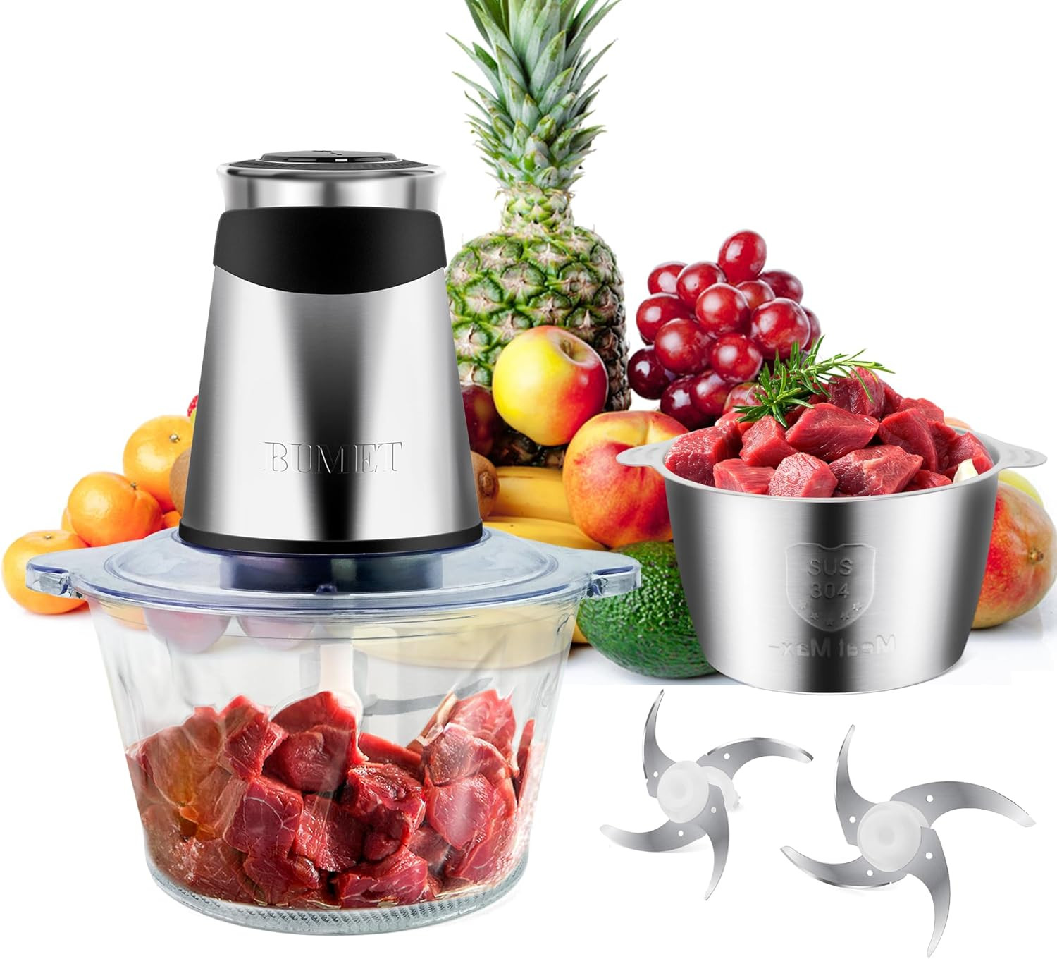 Electric Food Processor Vegetable Chopper 500W 2X8Cup Bowls 2 Bi-Layer 4 Blad…