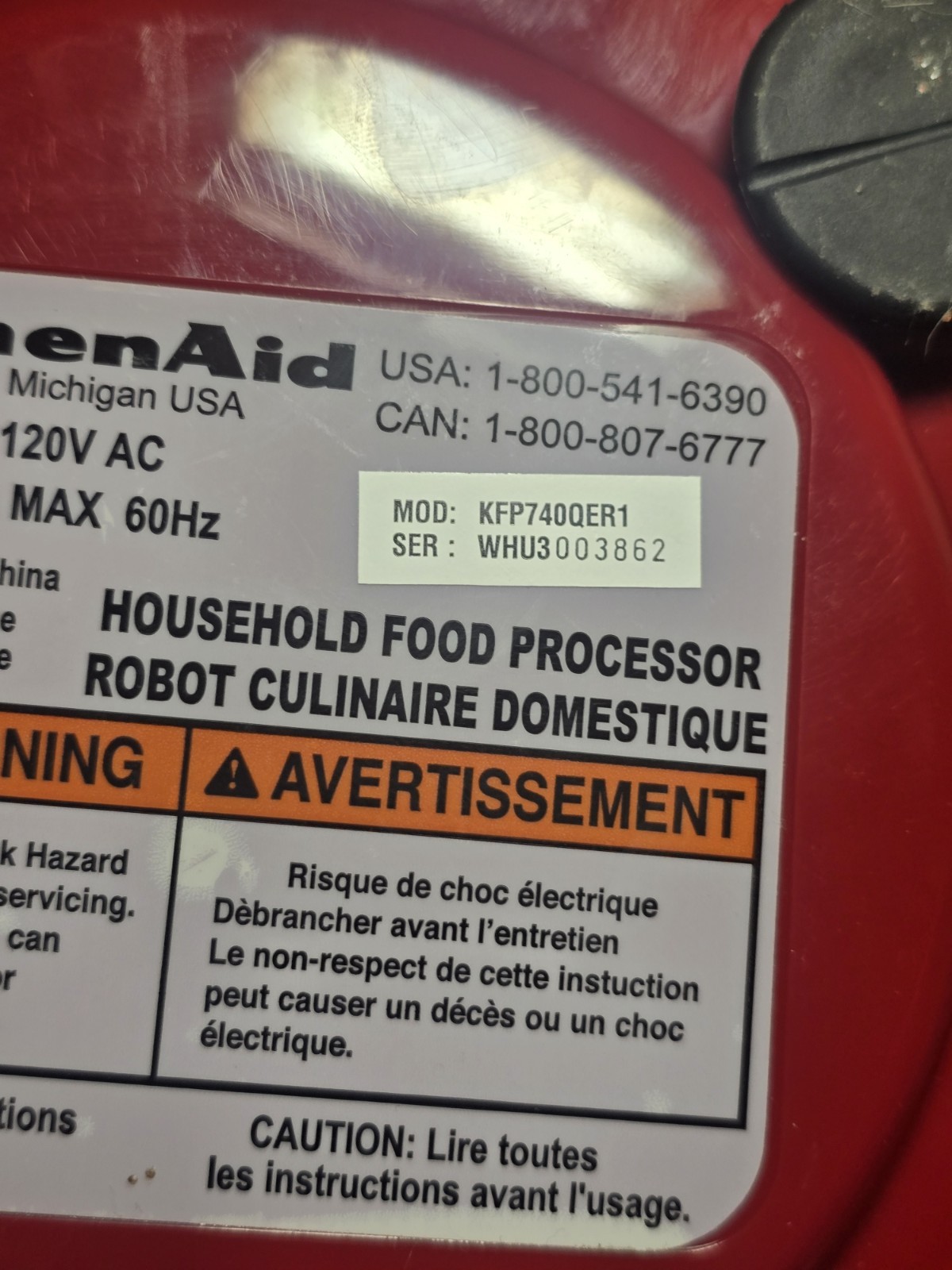 Kitched Aid Food Processor Model KFP74QER1 Red Color 2 Blades 72 Oz / 2 Litros.