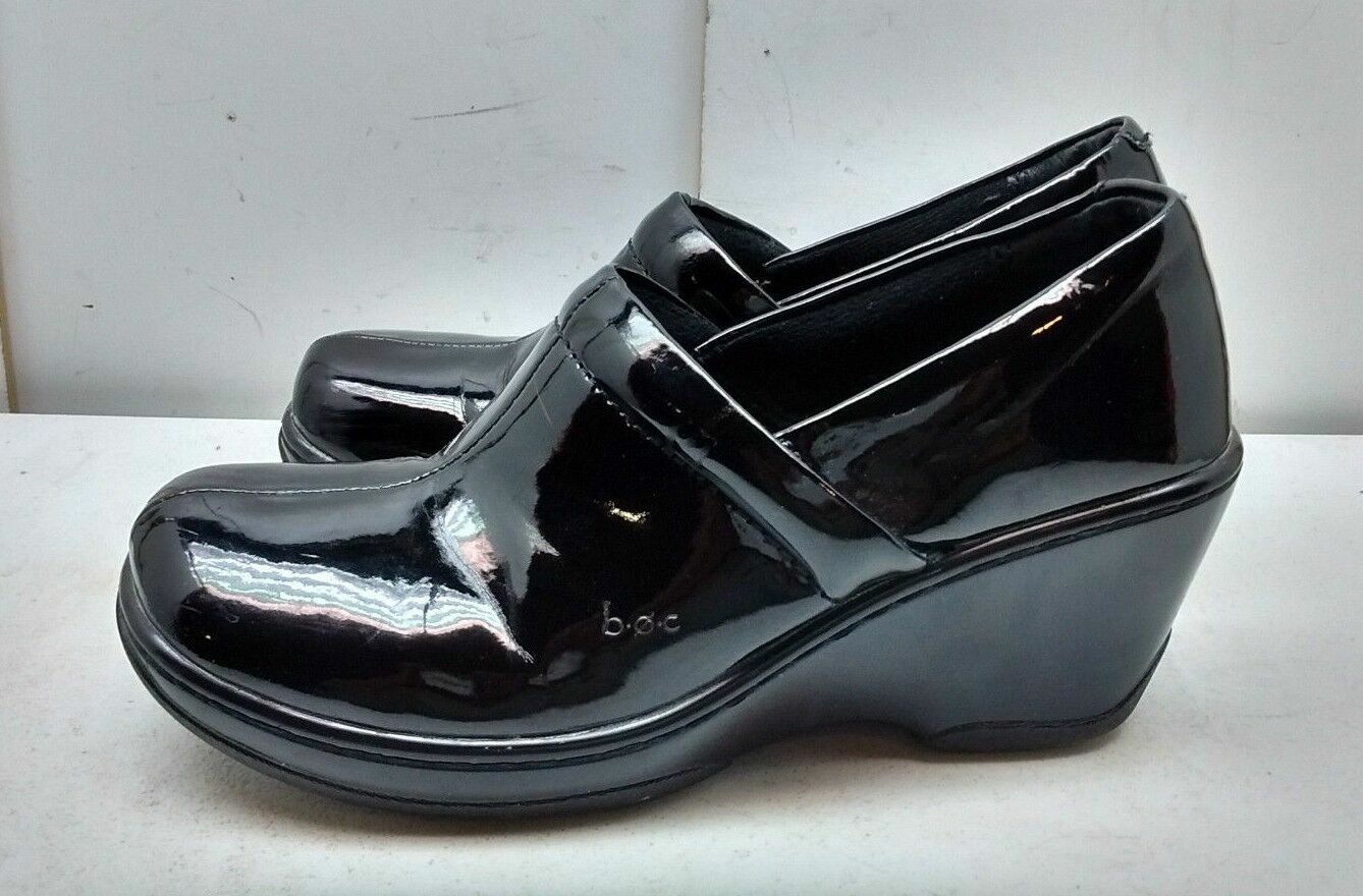BOC Born Concepts Women Patent Vegan Black Slip On Wedge Clog Work Shoes 6.5M 3