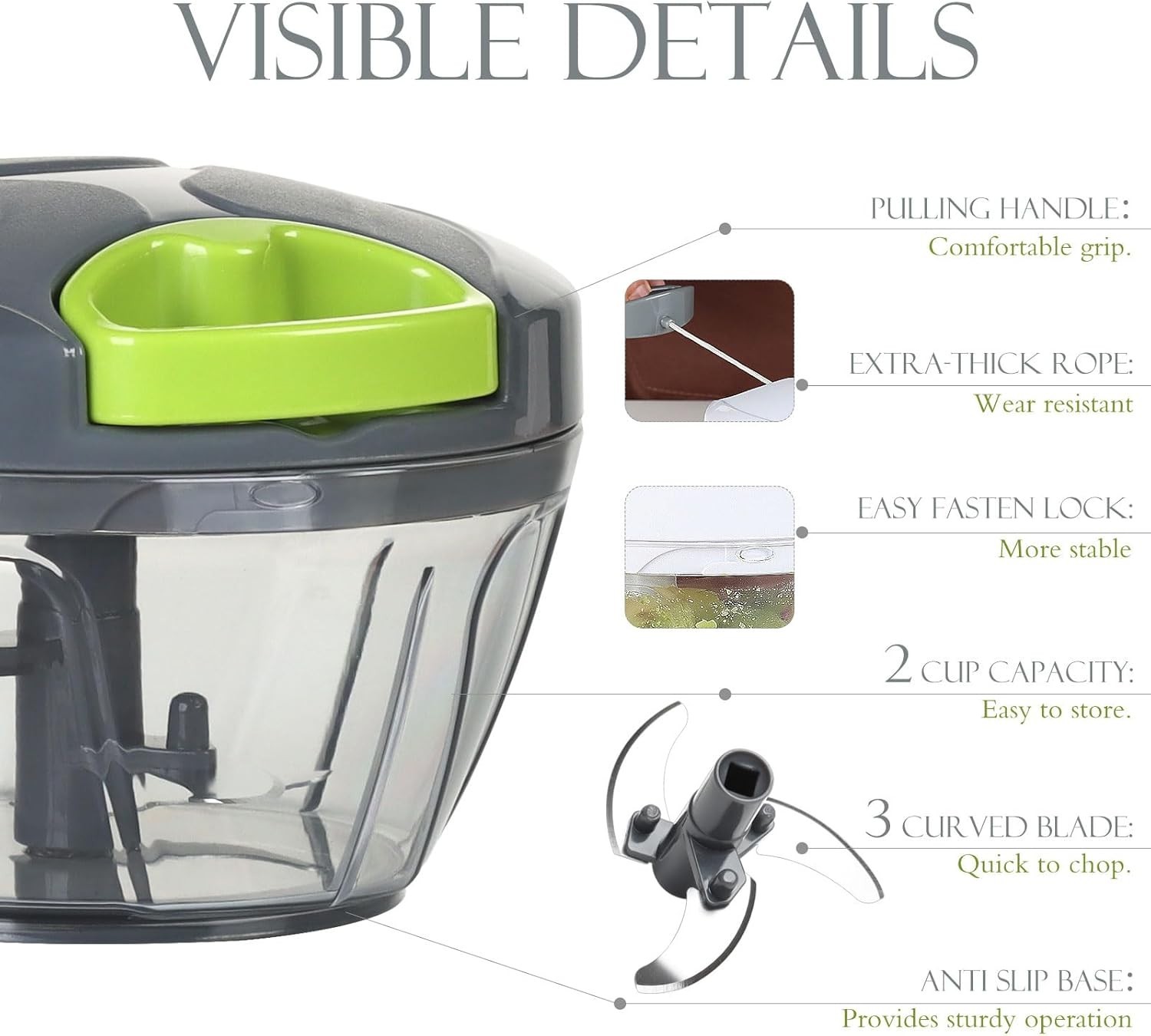 Manual Food Processor Grey 500ml, Portable Hand Pull String Chopper