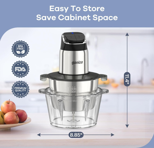 Ganiza Food Processor 2-Speed Meat Chopper w/ 8-Cup Steel & Glass Bowls