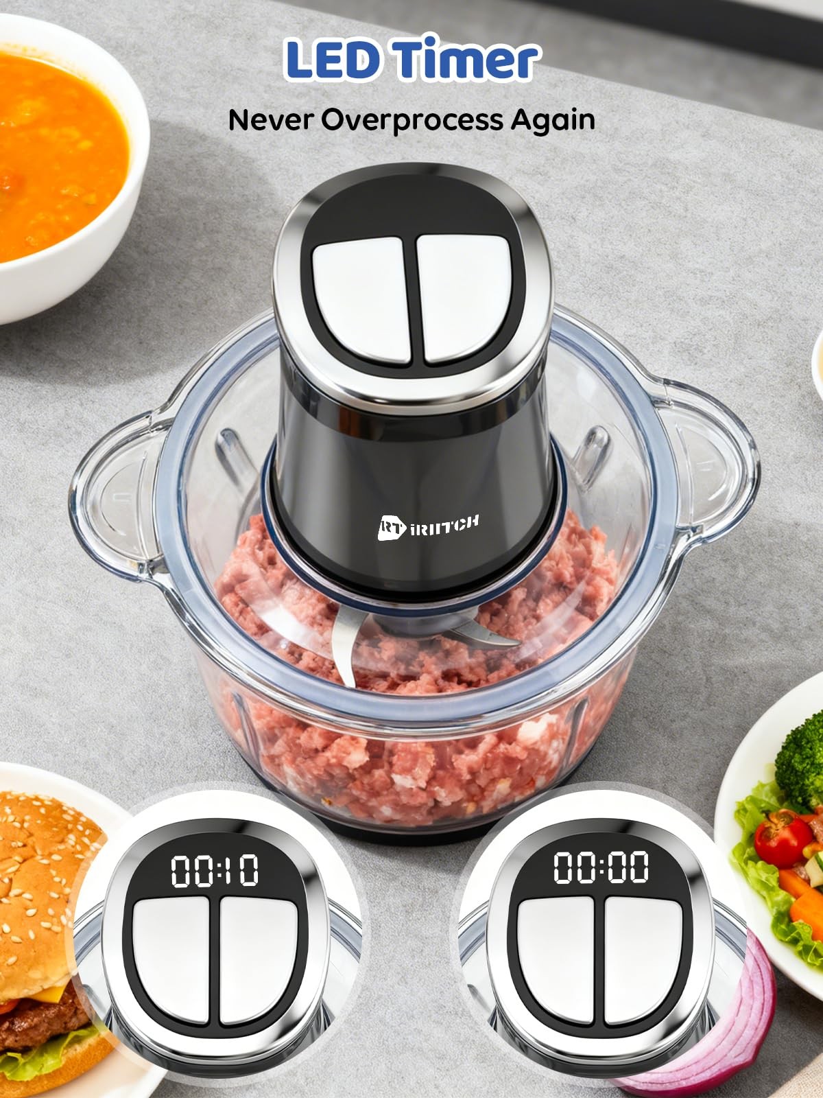 IRIITCH Food Processor with LED Timer, 800W Electric Chopper with 2 Bowls (12…