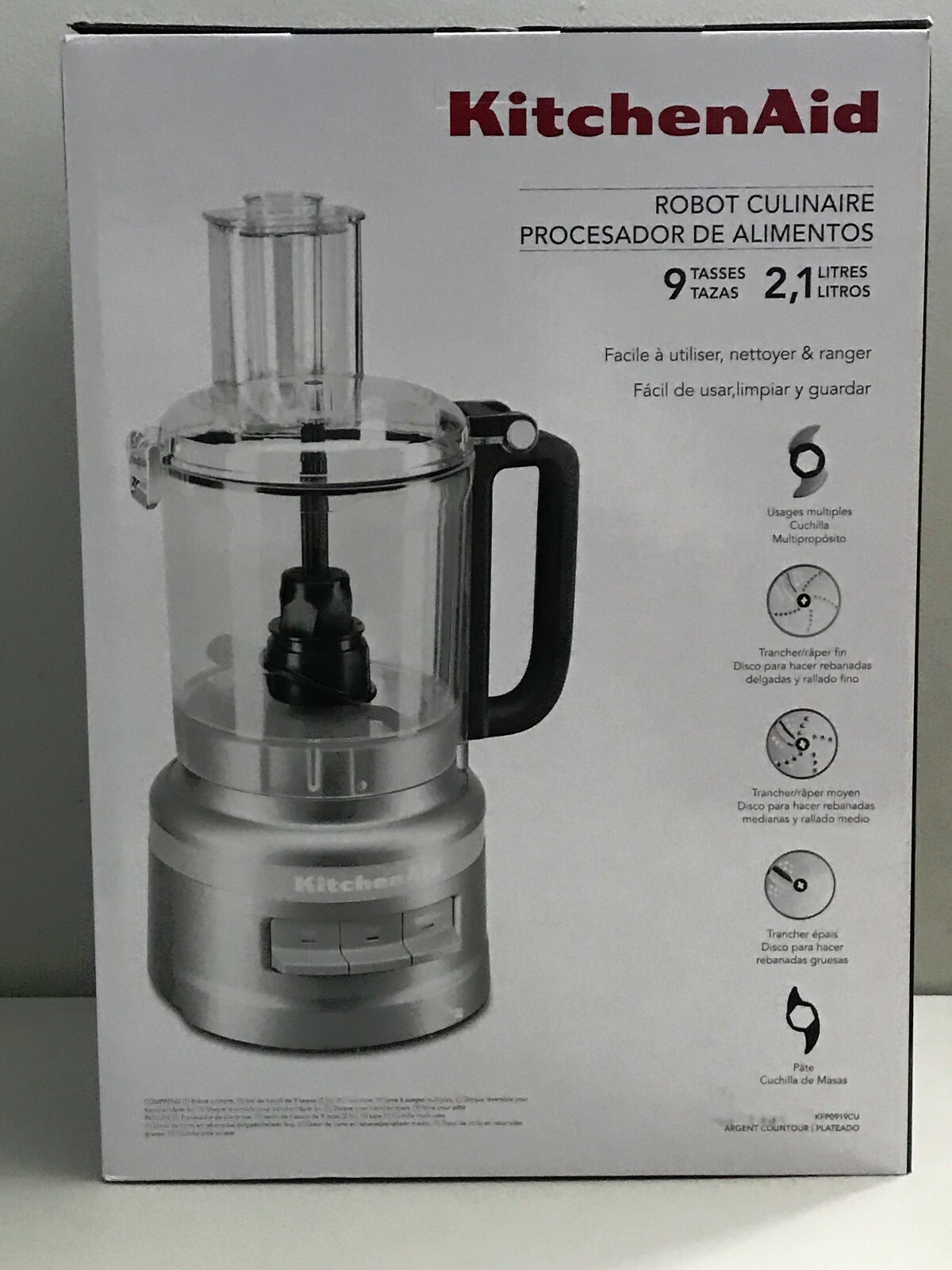 KitchenAid KFP0919 9 Cup Food Processor Plus Silver Chop Puree Knead Shred Slice