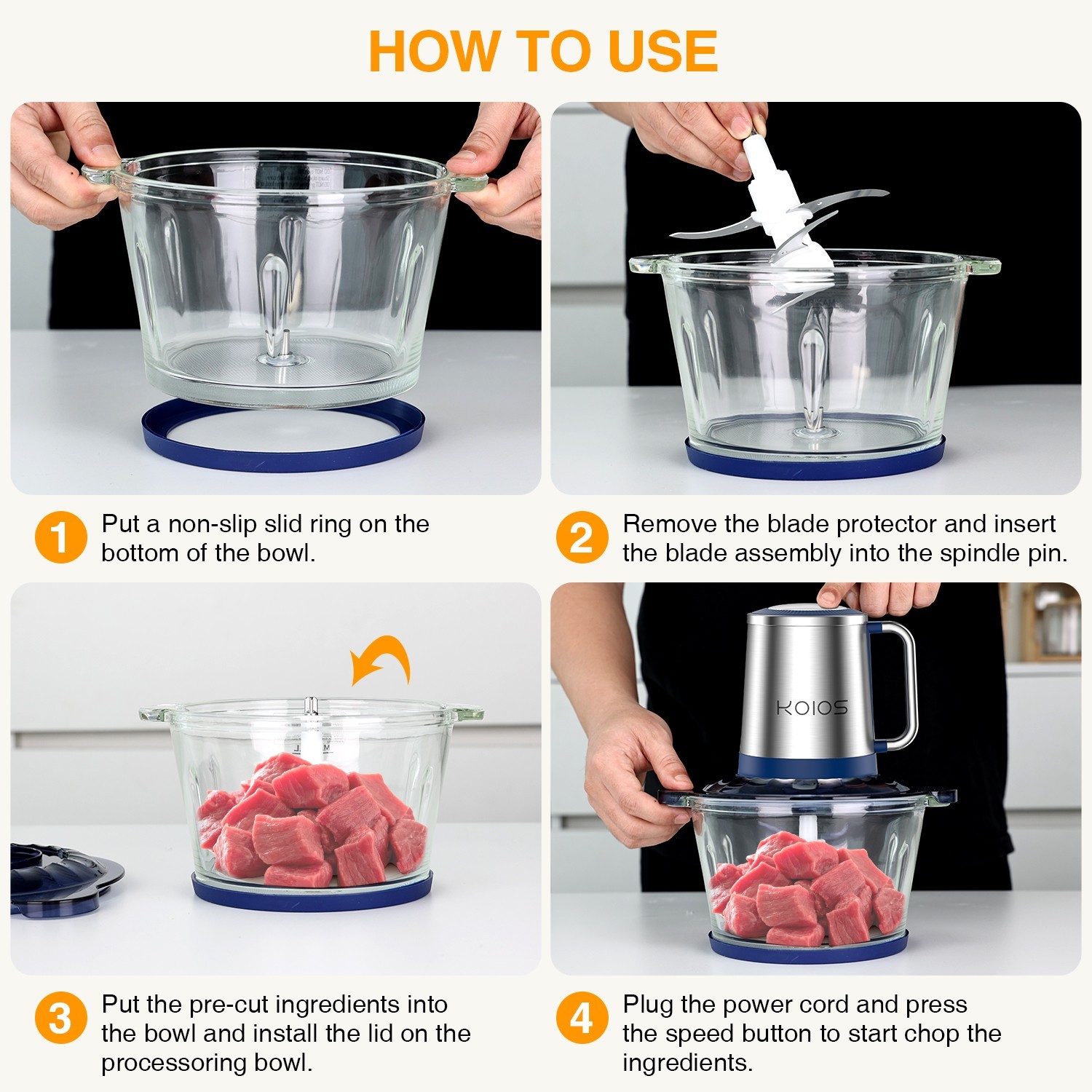 KOIOS Electric Food Chopper Processor Meat Grinder Mixer Glass Clear Bowl