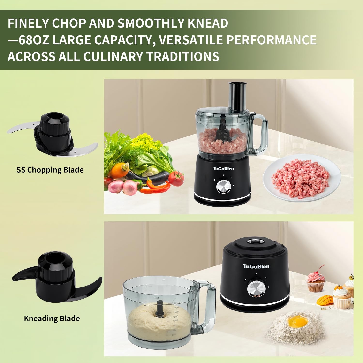 7-in-1 Multifunctional Food Processor with 68oz Processing Bowl,51oz Glass Bl…