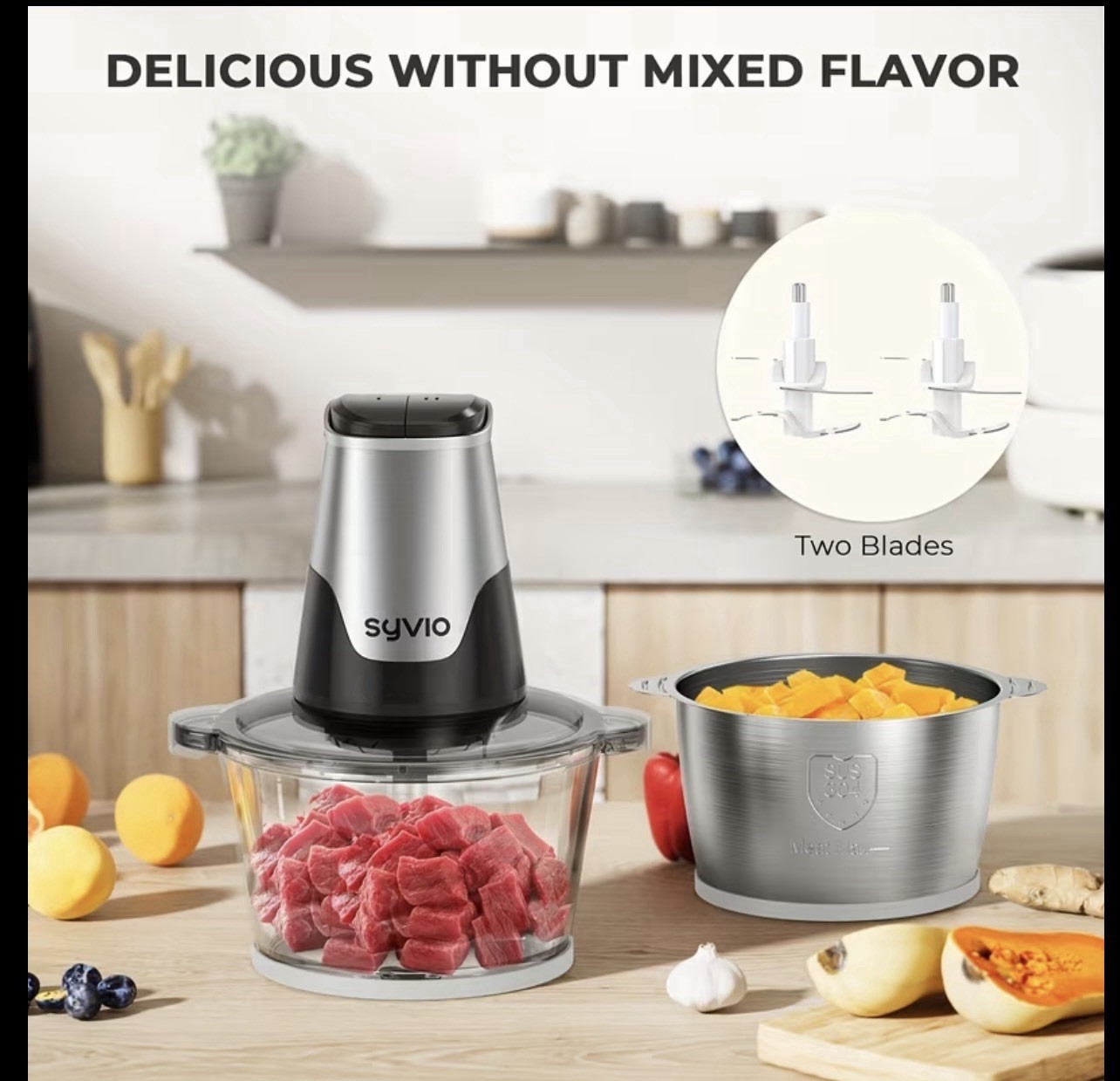 Syvio Food Processor With Two Bowls, Meat Grinder, Vegetable Chopper 8 Cup, 450W