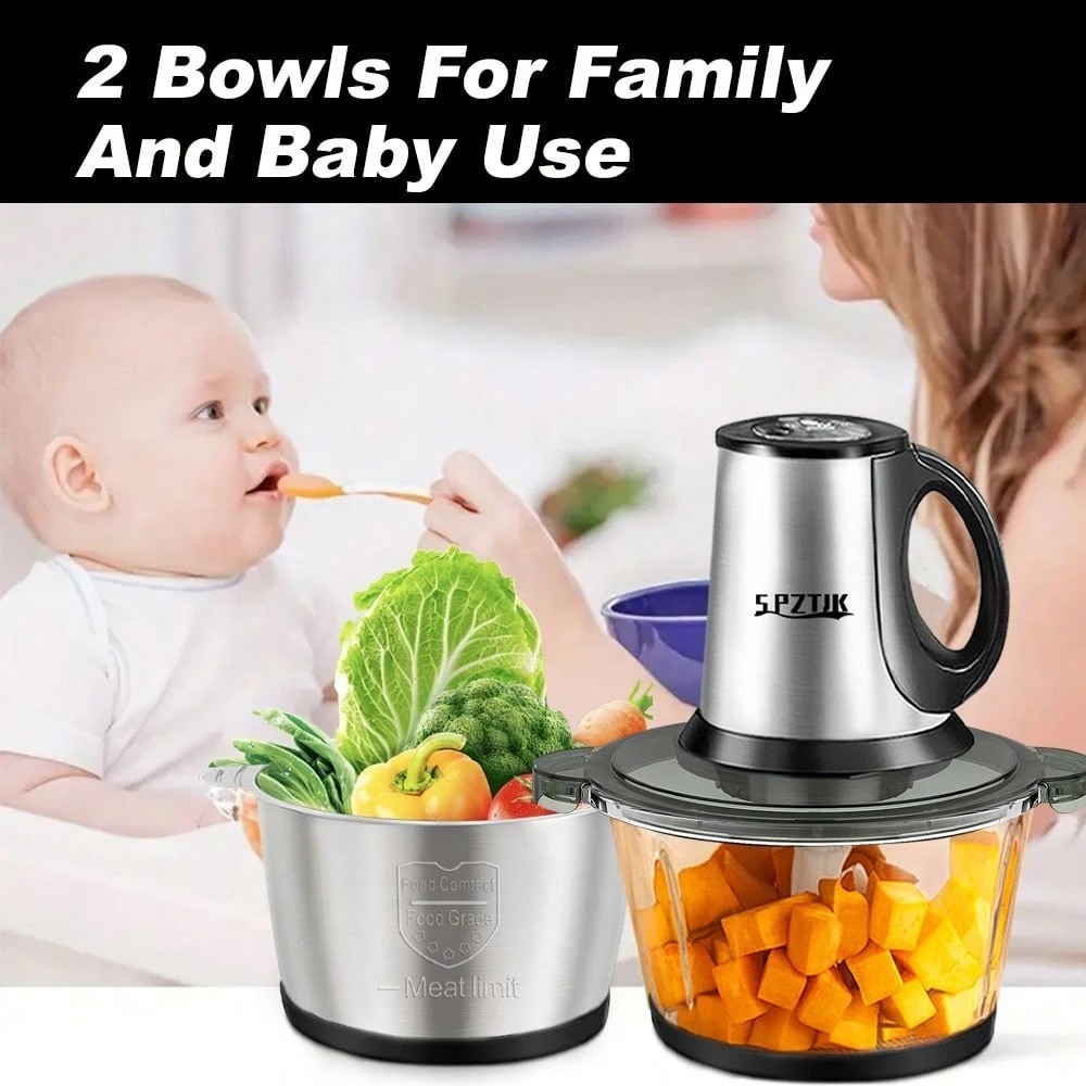 SPZTJK Electric Food Processor 2L Chopper Meat Grinder 4 Sharp Blades 2 Speed