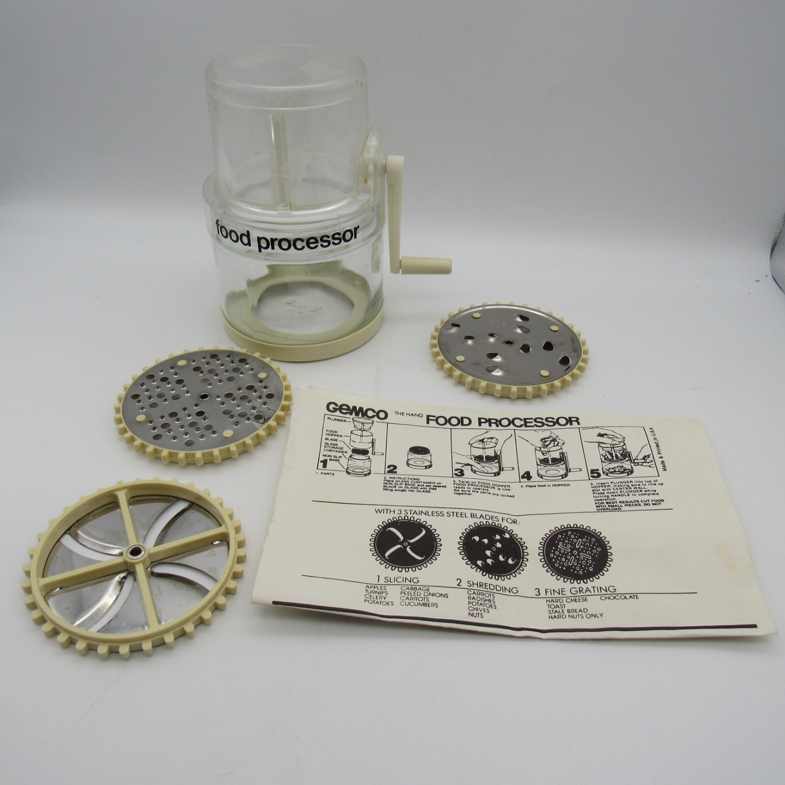 Gemco Hand Crank Powered Food Processor Grater Slicer GUC – USA