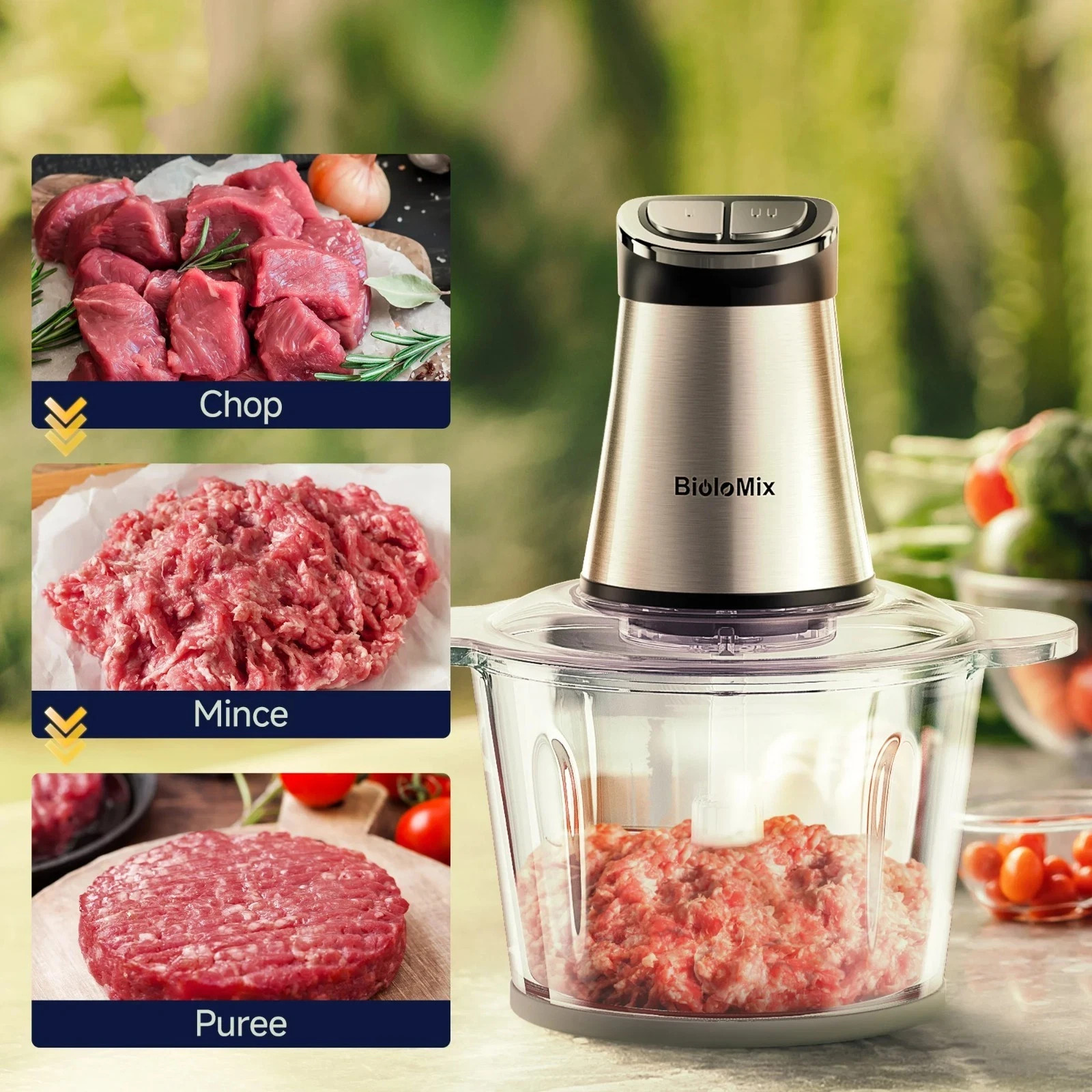 BioloMix Mini Food Processor 300W Electric Chopper 2 Bowls 4 Blade Meat Veg