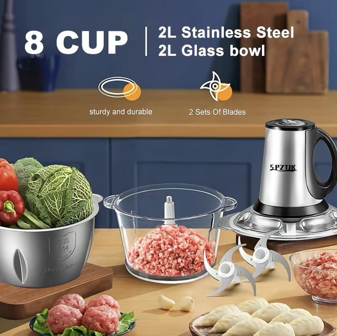 2L Electric Food Chopper Meat Grinder Processor 2 Bowls Stainless Steel BPA Free