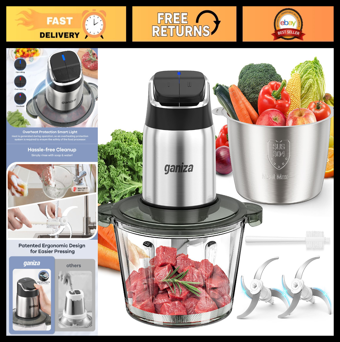 8-Cup Food Processor & Chopper with Dual Bowls, Meat Grinder, 2-Speed, Overheat