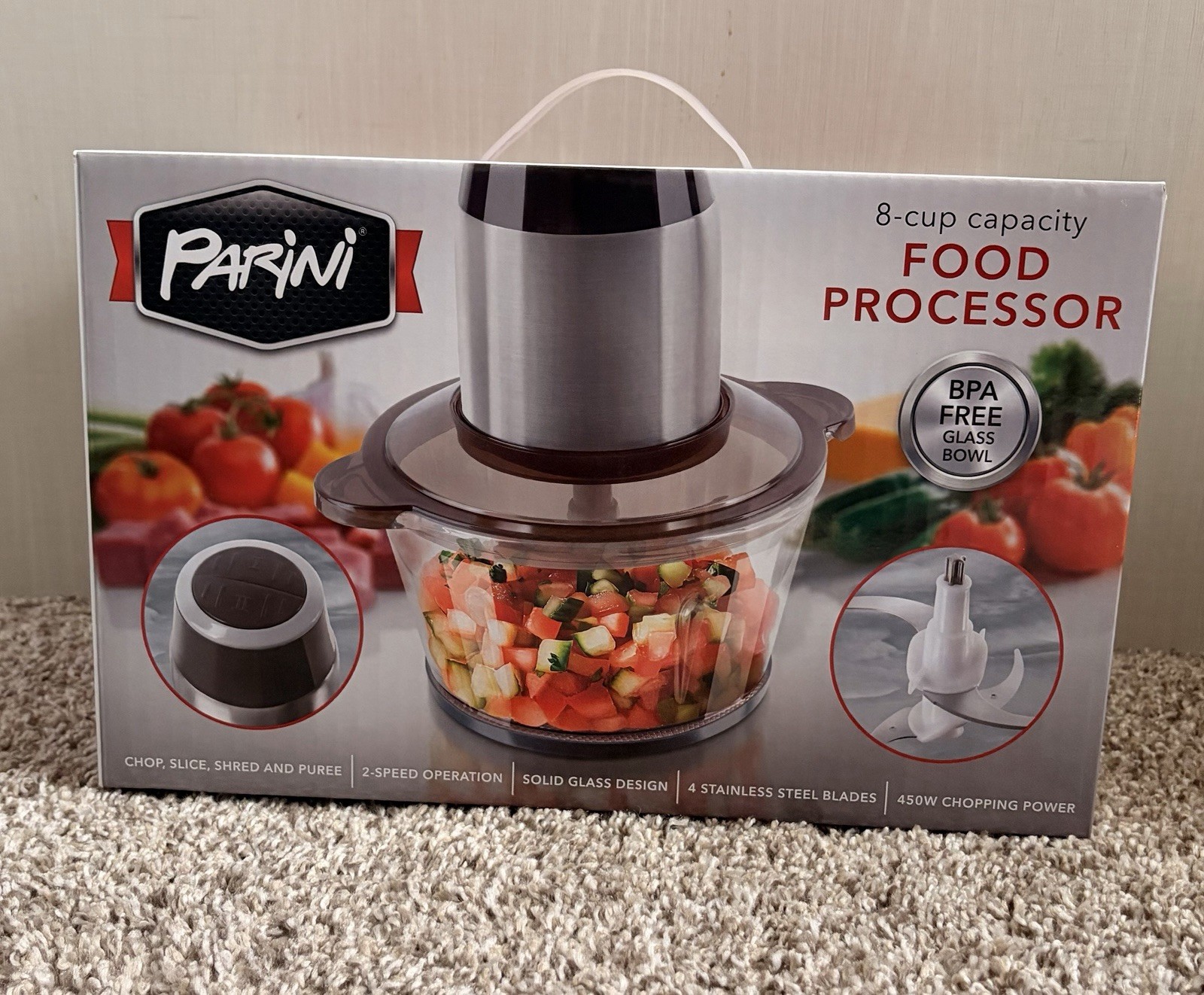 Parini Food Processor – 8 Cup 2 Speed 450w Bi Level Stainless Steel Blades NEW