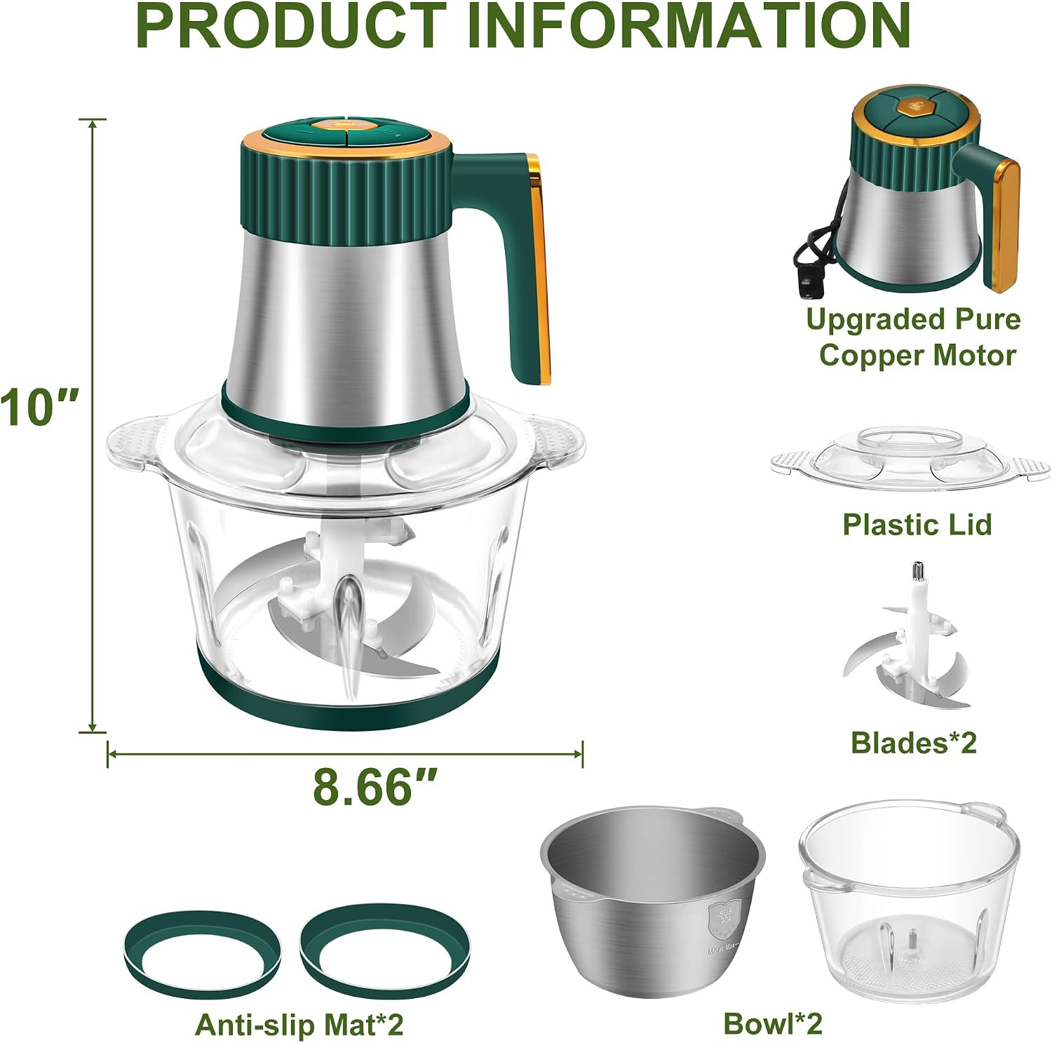 Small Food Processor, 5-Speed Food Chopper, Electric Meat Grinder | 2 Bowls (8 C