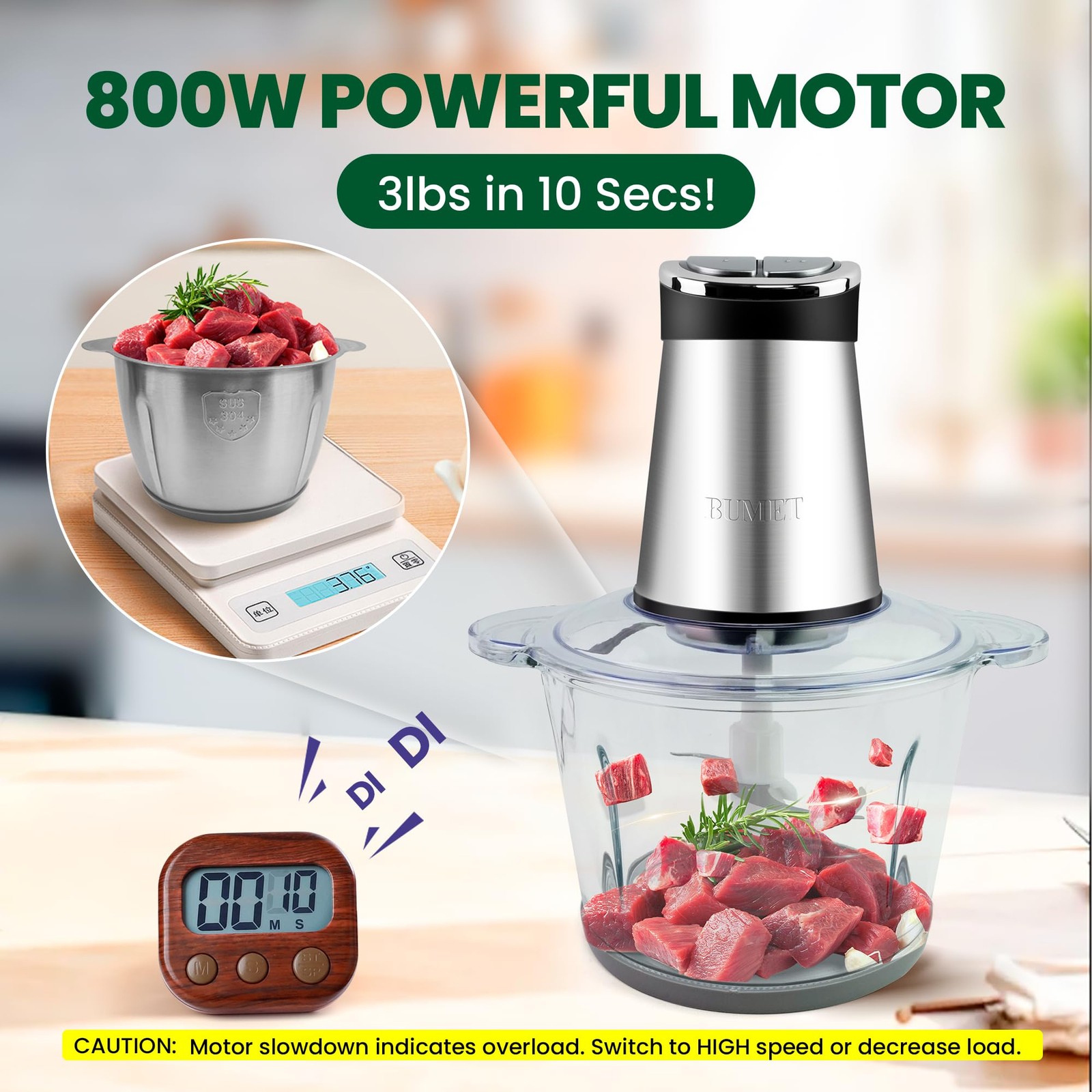 2X12-cup bowls 800W Electric Food Processor with LED timer. 3-Tiered 6 Cutting E