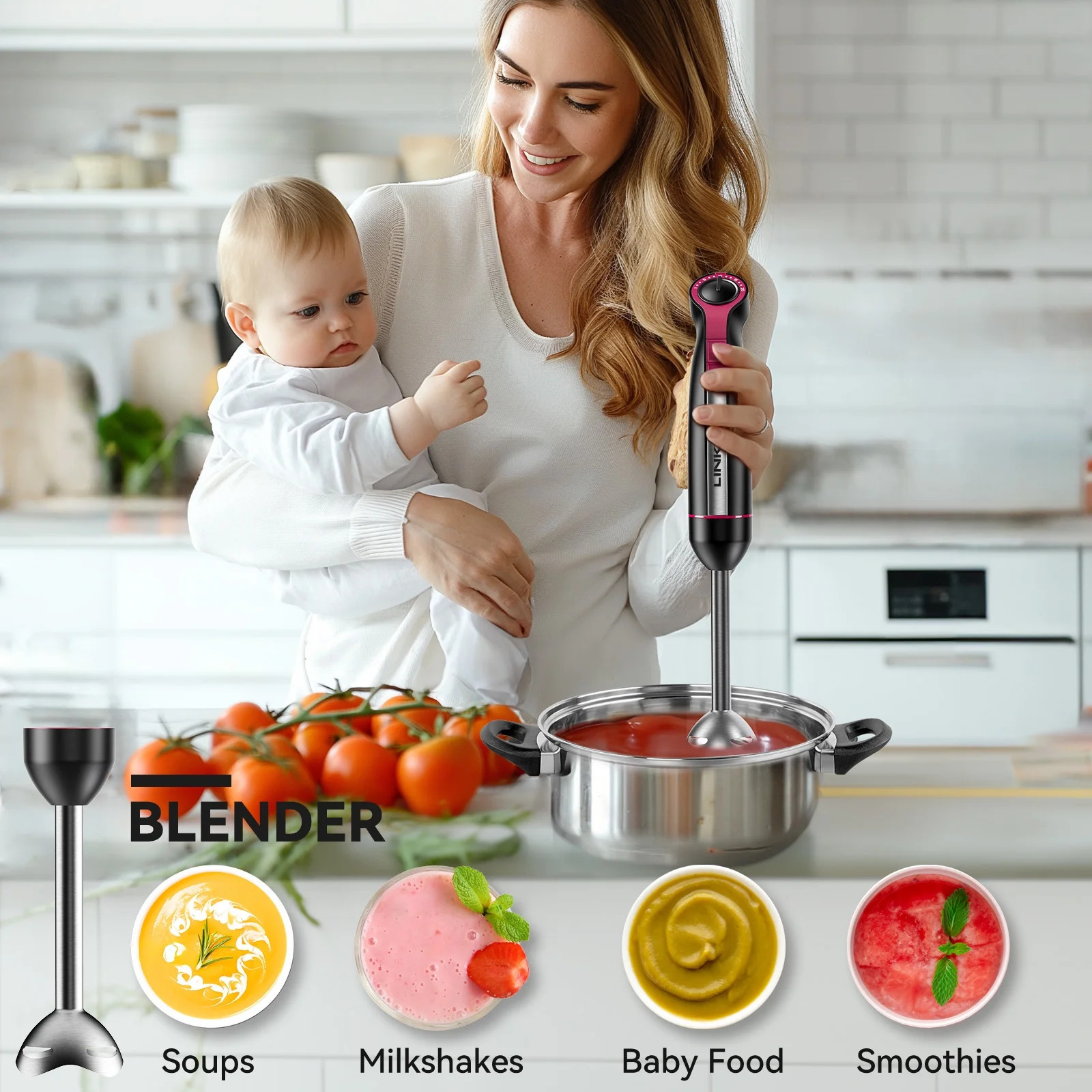 Immersion Blender 20-Speed 1000W 5-in-1 Hand Stick Turbo Processor Black WA
