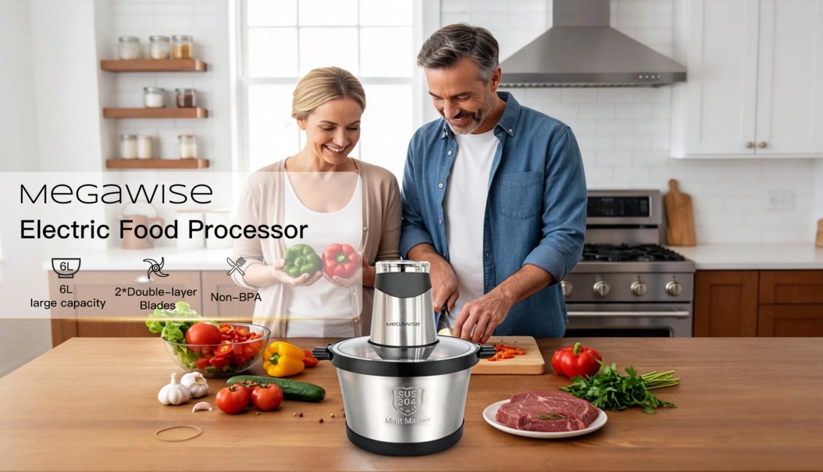 Powerful 1000W Electric Food Processor 6L Stainless Steel Bowl Dual-Speed Meat G