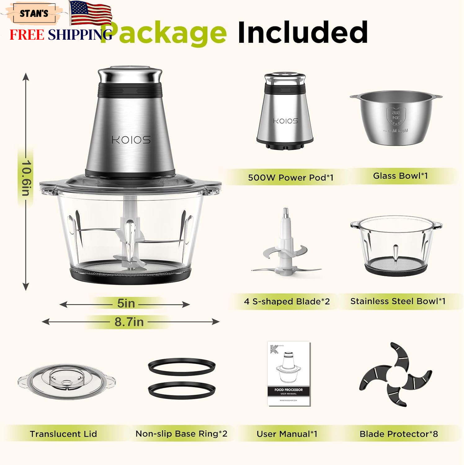 KOIOS Food Processor, 500W Electric Food Chopper with 2 Bowls 8 Cup+8 Cup NEW