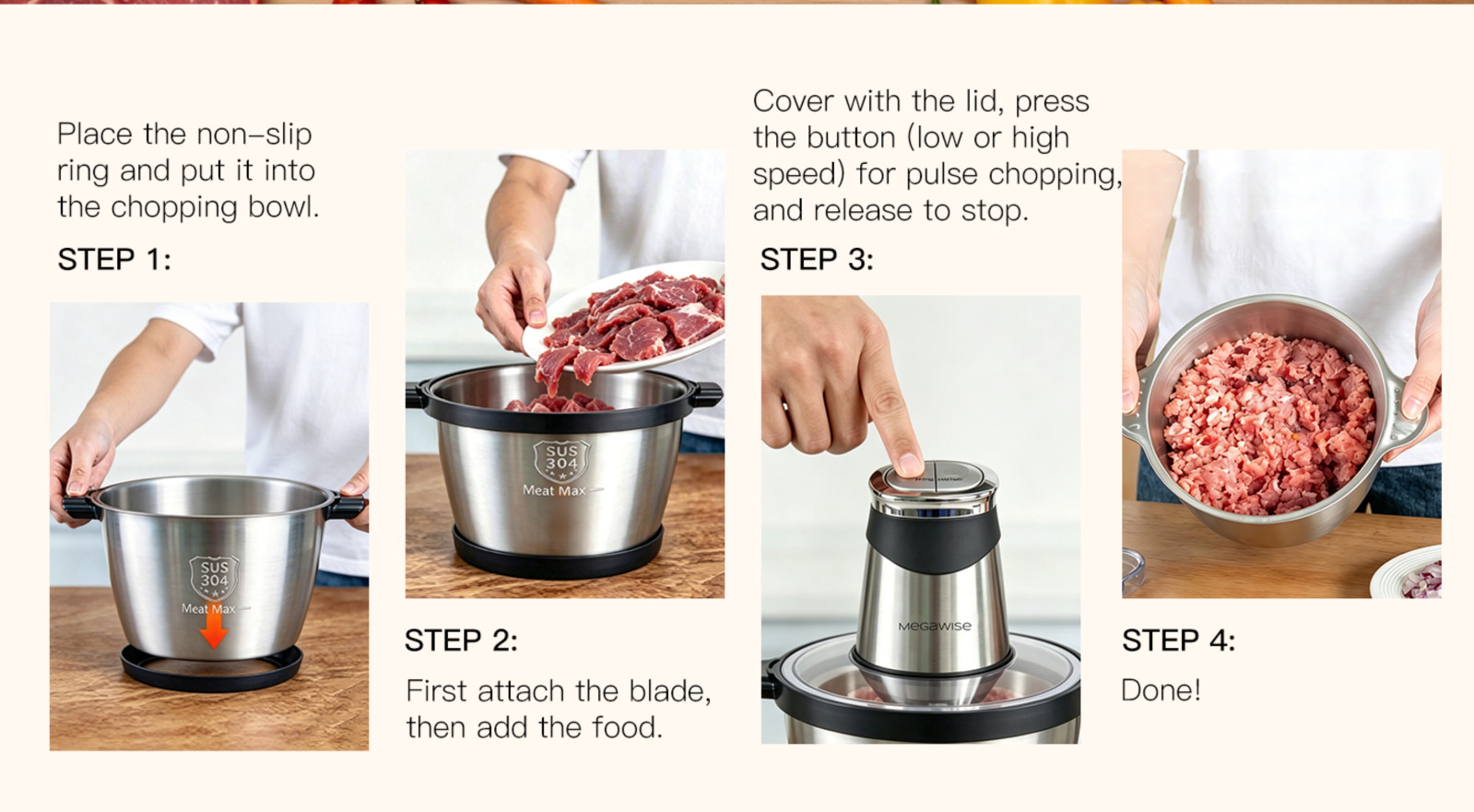 Powerful 1000W Electric Food Processor 6L Stainless Steel Bowl Dual-Speed Meat G