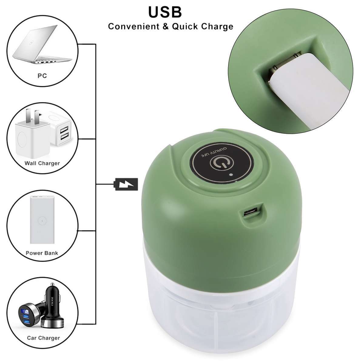 250ML+100ML Mini Electric Garlic Food Chopper Grinder Blender USB Rechargeable