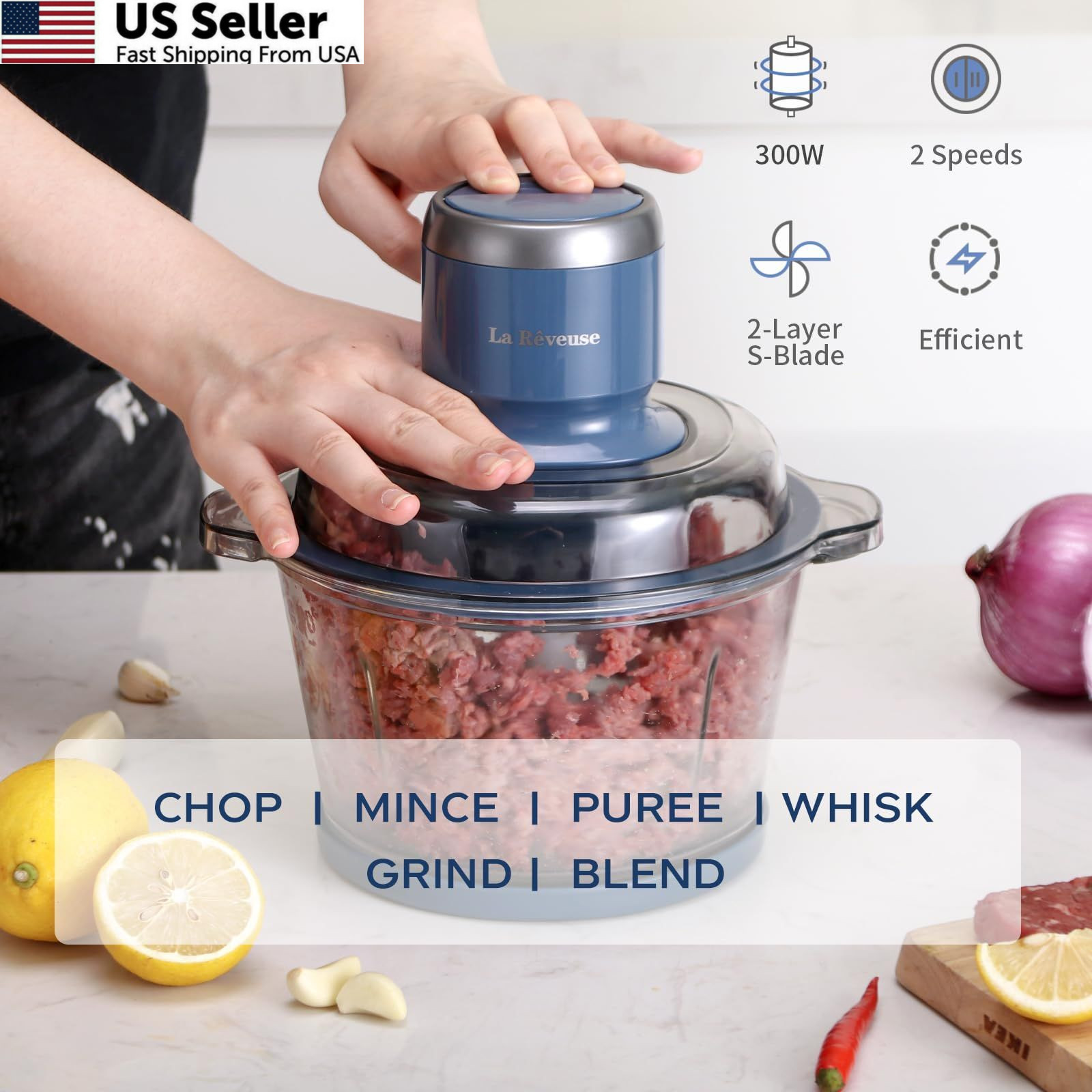 La Reveuse Food Processor,Electric Chopper with 7-Cup (1.7L) 7-Cup, Blue