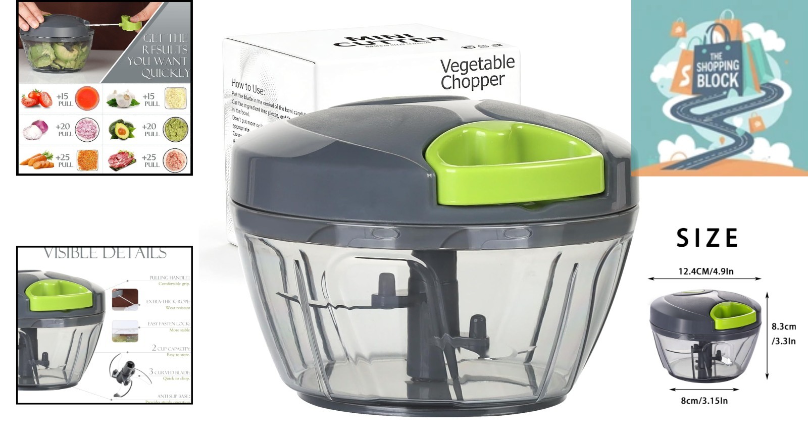 Manual Food Processor Grey 500ml, Portable Hand Pull String Chopper