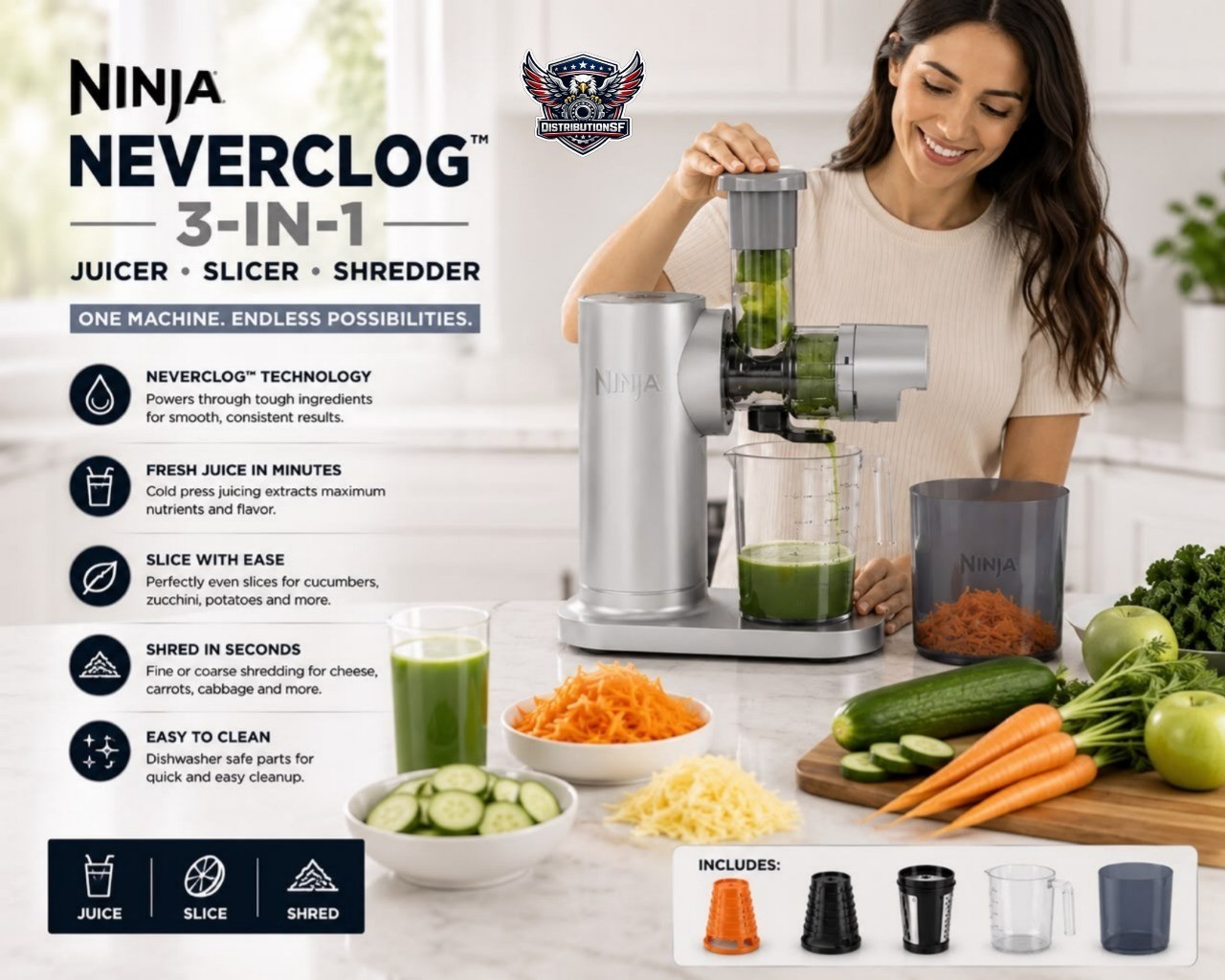 Ninja NeverClog 3-in-1 Juicer Slicer Shredder Cold Press Juice Extractor Kitchen