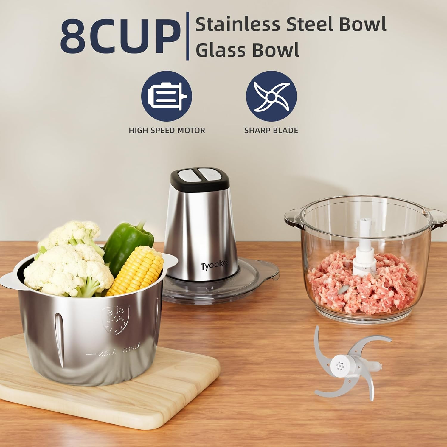 Electric Food Processor Vegetable Chopper, Easy Clean Meat Grinder with 2 Bowls
