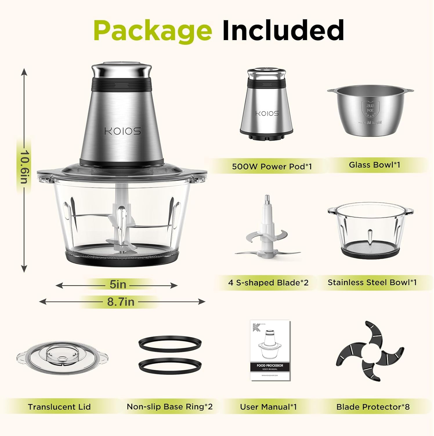 Food Processor, 500W Electric Food Chopper with 2 Bowls (8 Cup+8 Cup) & 2 Bi-Lev