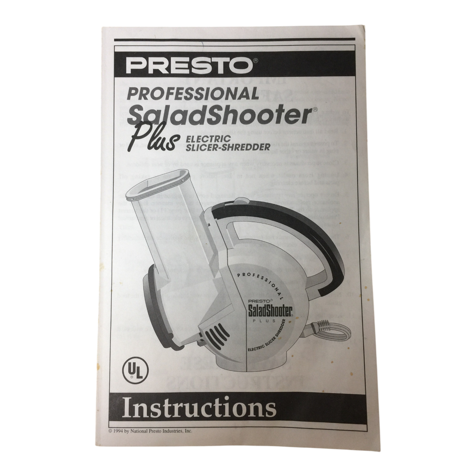 Presto SaladShooter Plus Instruction Manual Booklet Only Replacement 1994