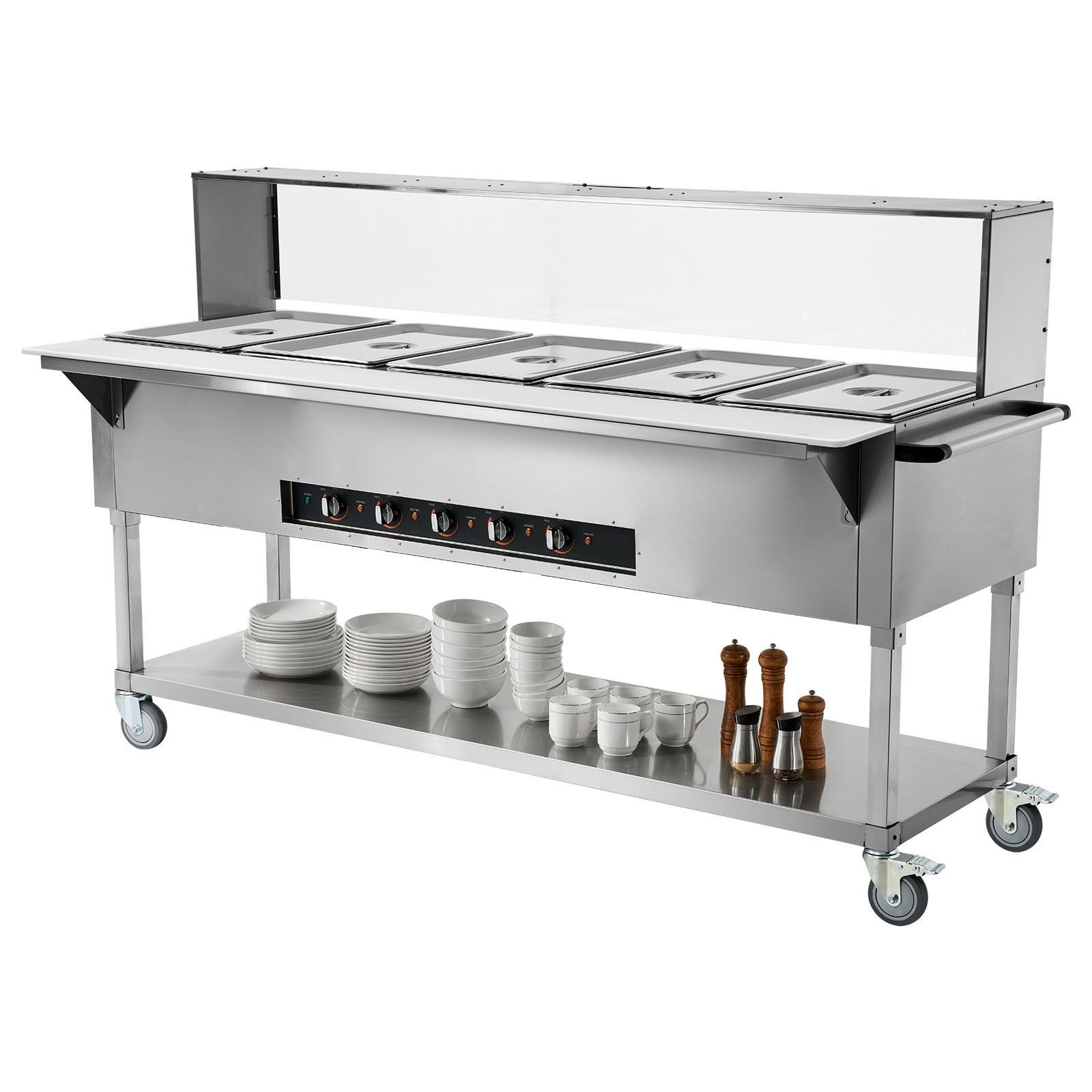 5-Pan Stainless Steam Table 3750W w/Sneeze Guard