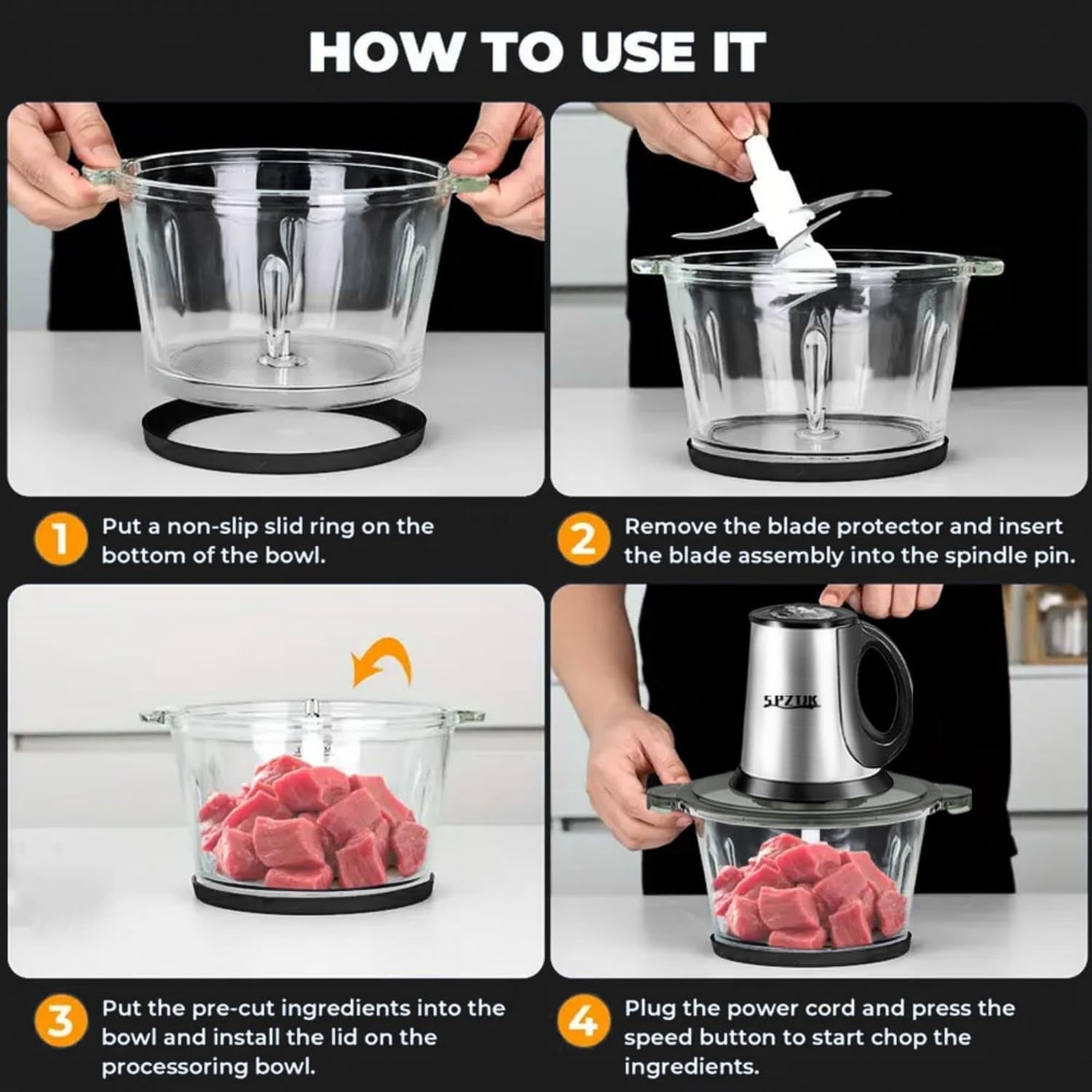 Electric Food Processor 300W, Dual 8-Cup Bowls (Stainless/Glass), 3-Speed
