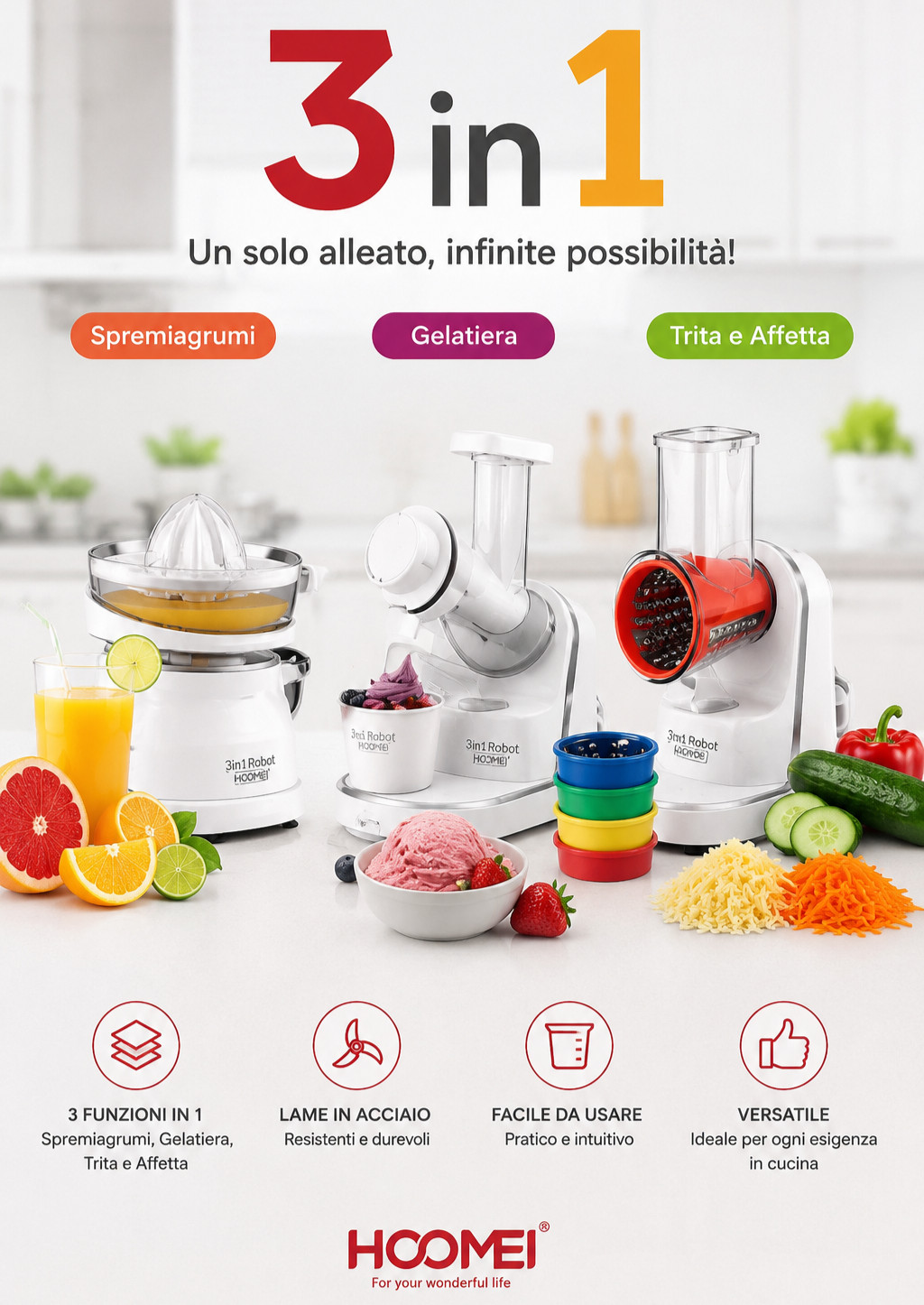 Robot Kitchen 3 in 1 Juicer Ice Cream Maker Chopped Slicing
