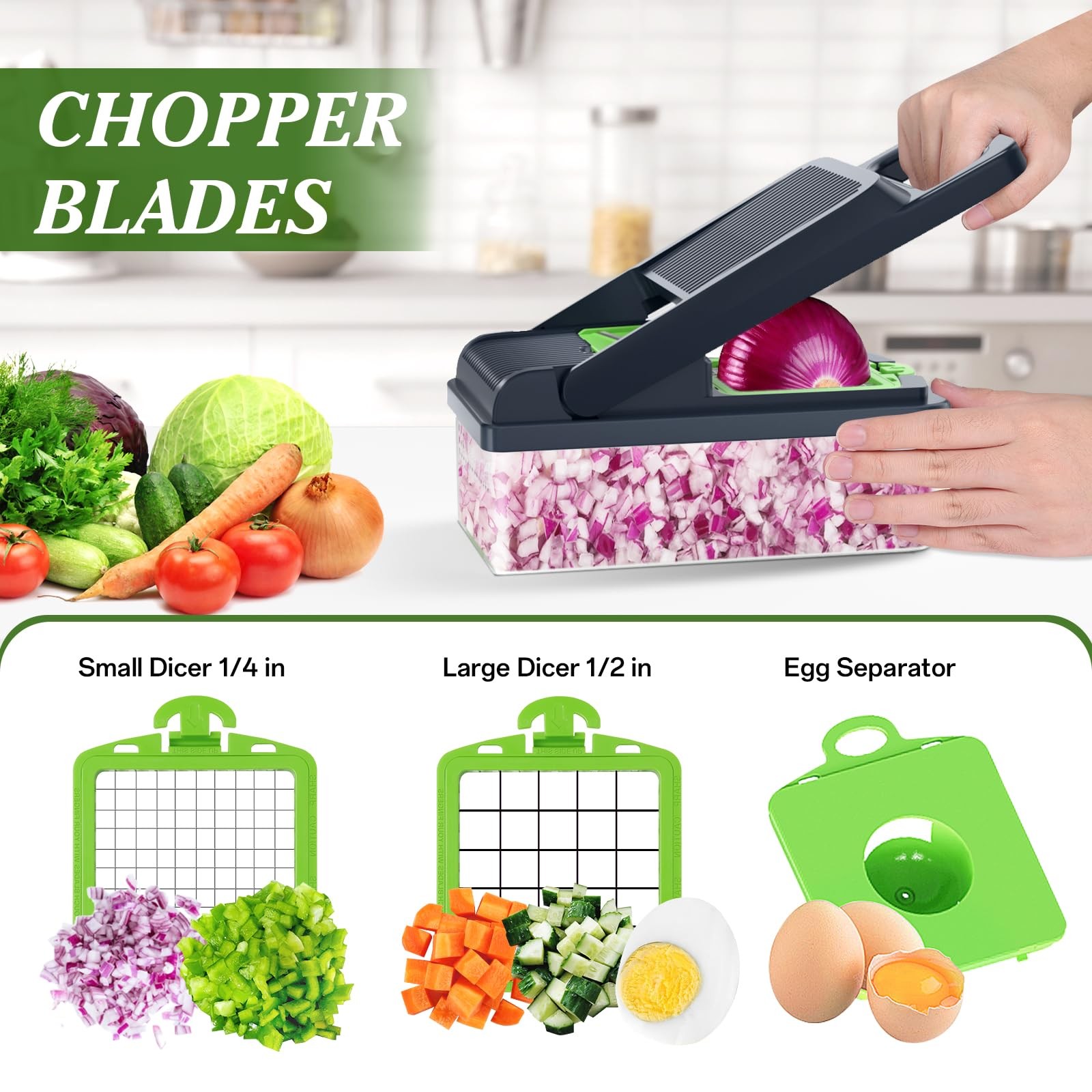 HomeHacks Vegetable Chopper Cutter, 12 in 1 Kitchen 7 blades, Green