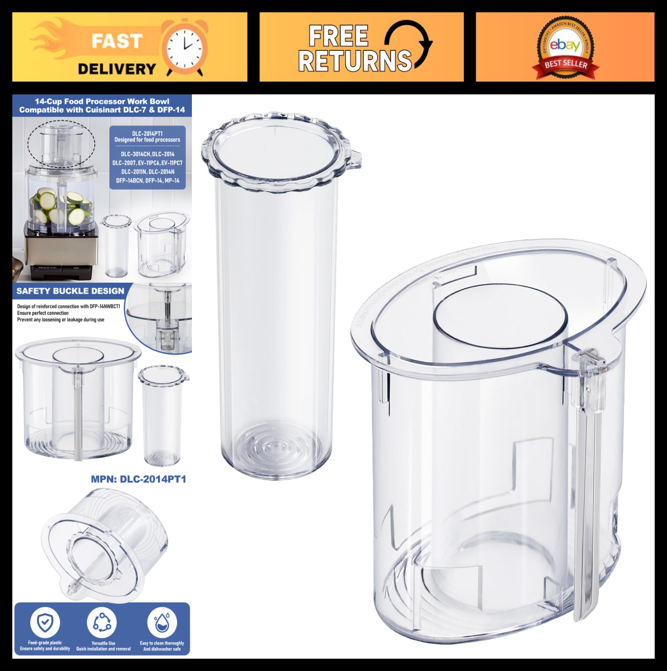 14-Cup Food Processor Parts Replacement – Large & Small Pushers, 4 Locking Tabs,