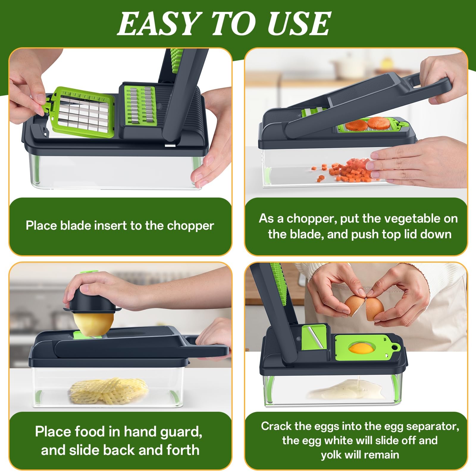 HomeHacks Vegetable Chopper Cutter, 12 in 1 Kitchen 7 blades, Green