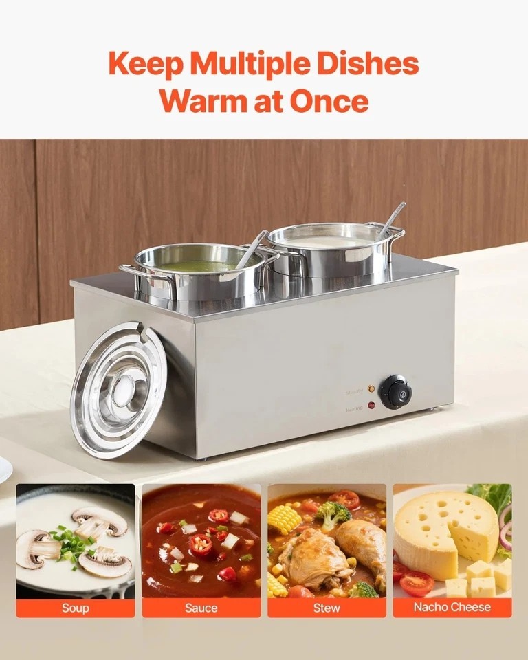 Electric Soup Warmer Two 6.34QT Stainless Steel Round Pot with 86~185 Fahrenheit