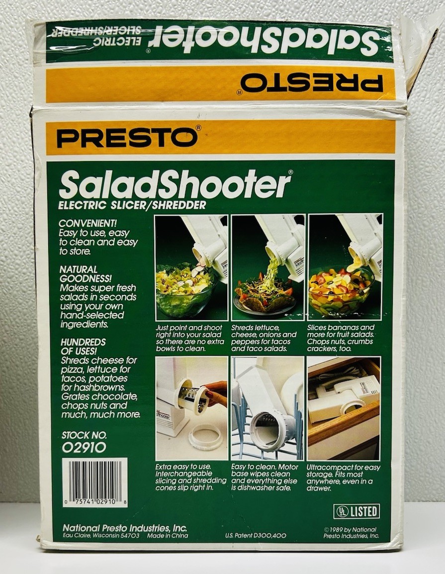 NEW PRESTO SALAD-SHOOTER 02910 Electric Slicer Shredder Open Box 1980s Vintage