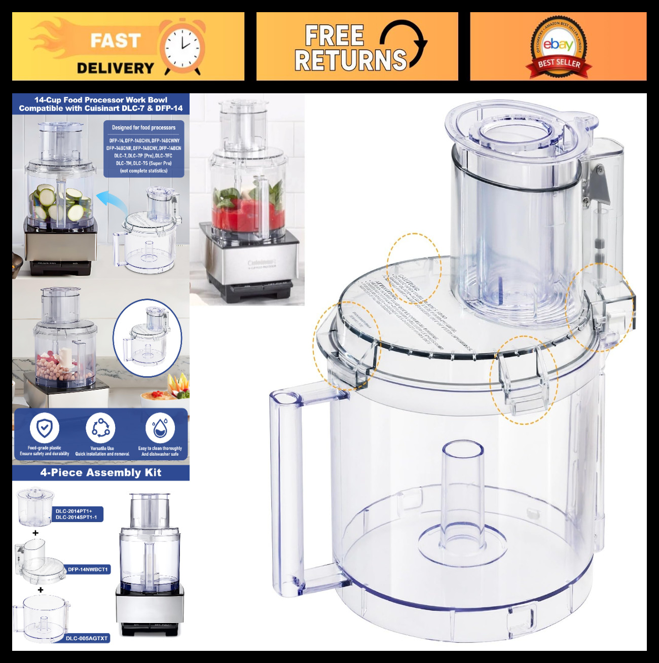 14-Cup Food Processor Work Bowl Kit Replacement with 4 Locking Tabs & Pusher