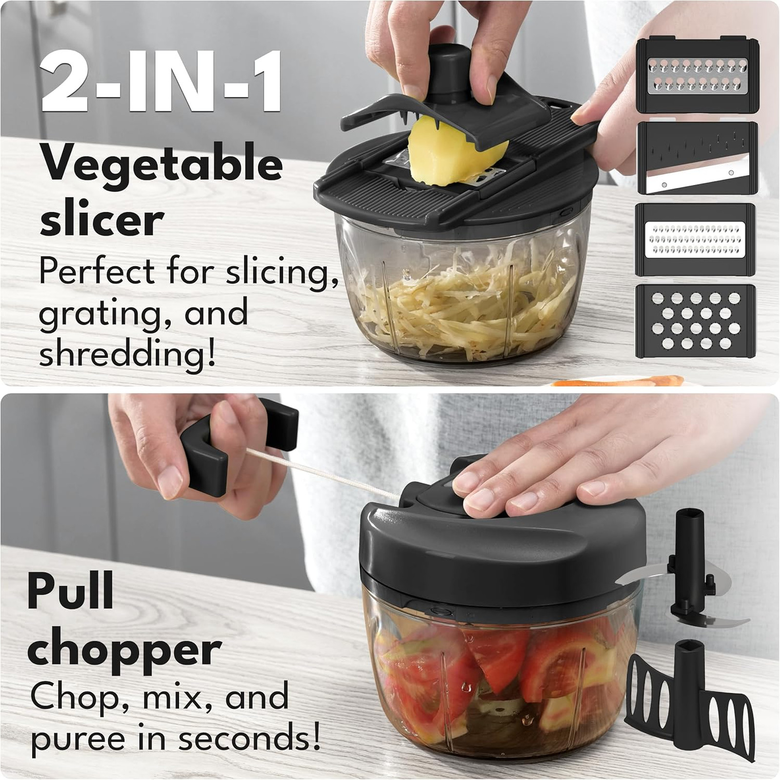 Manual Food Processor Onion Chopper 26 Oz BPA-Free Pull String Vegetable Cutter
