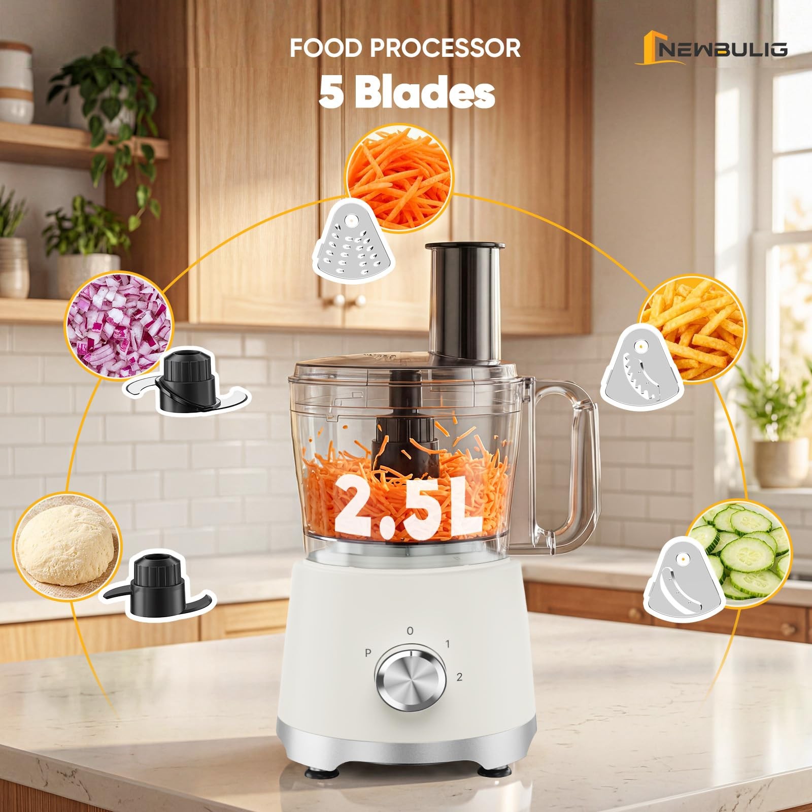 Newbulig 10.5 Cups Food Processor Versatile Food Processors 5 Blades 600W