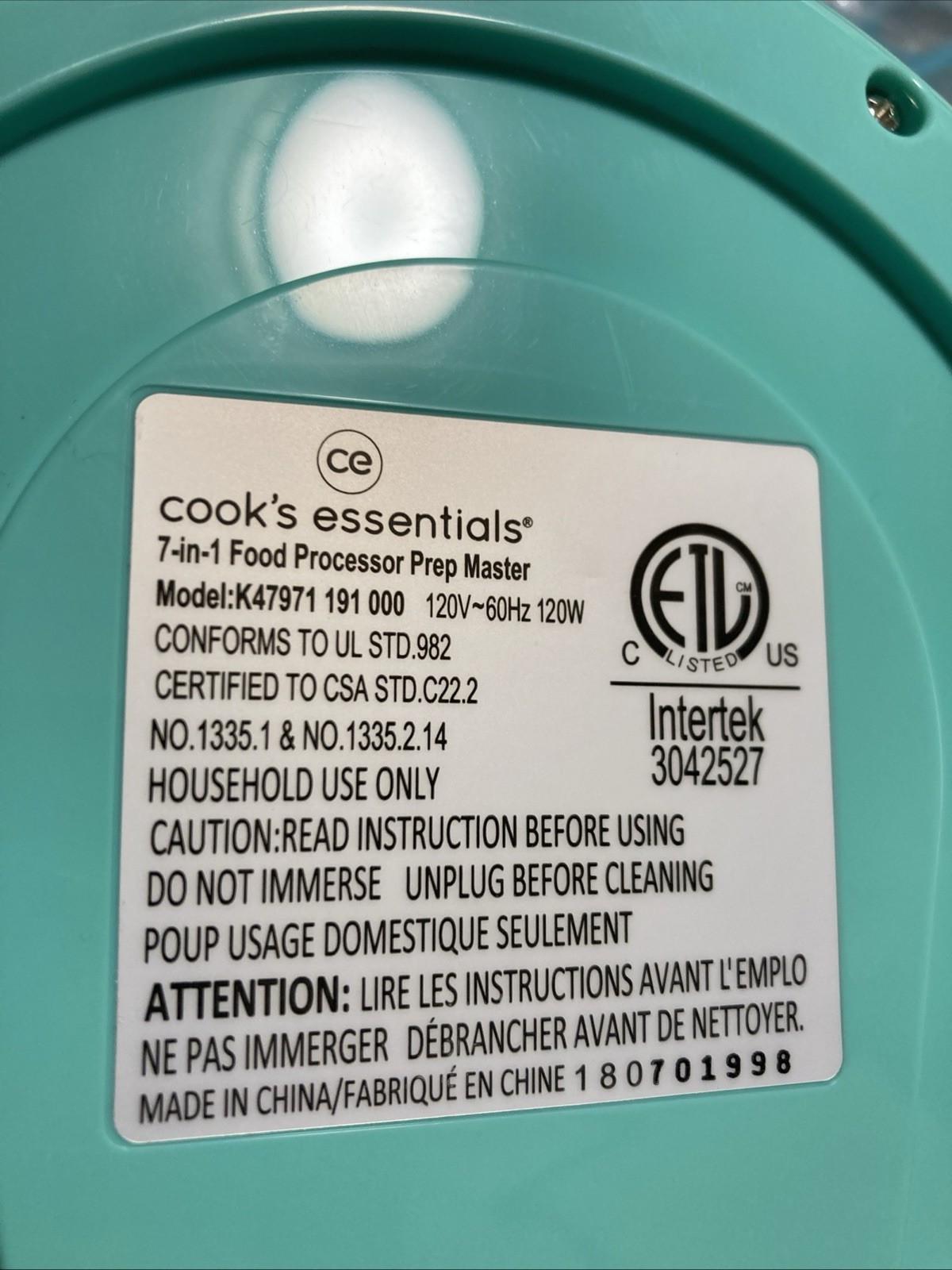 Cooks Essentials 7-1 Food Processor Model K47971 replacement Lid cover & pusher
