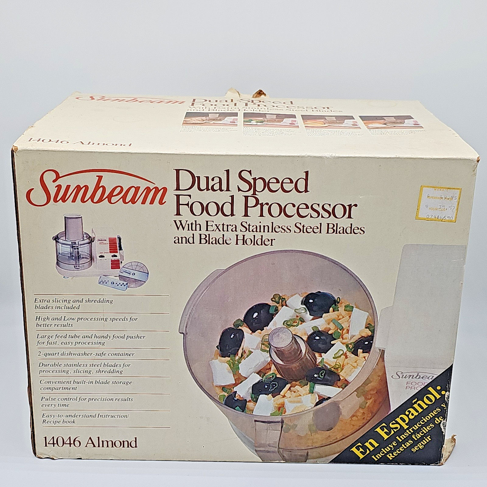 Sunbeam Dual Speed Food Processor 14046 Almond 2 QT Capacity Extra Blades/Holder