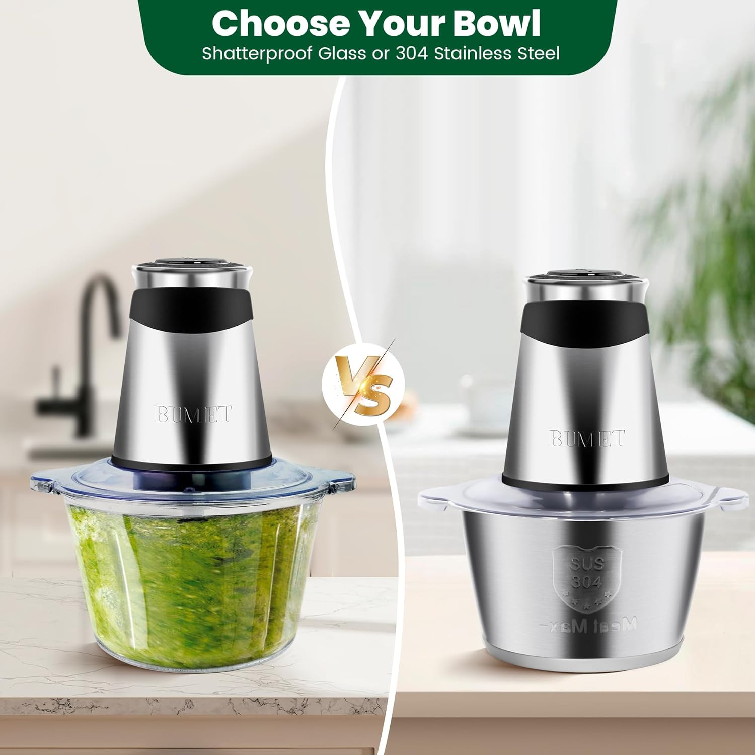 Electric Food Processor Vegetable Chopper 500W 2X8Cup Bowls 2 Bi-Layer 4 Blad…