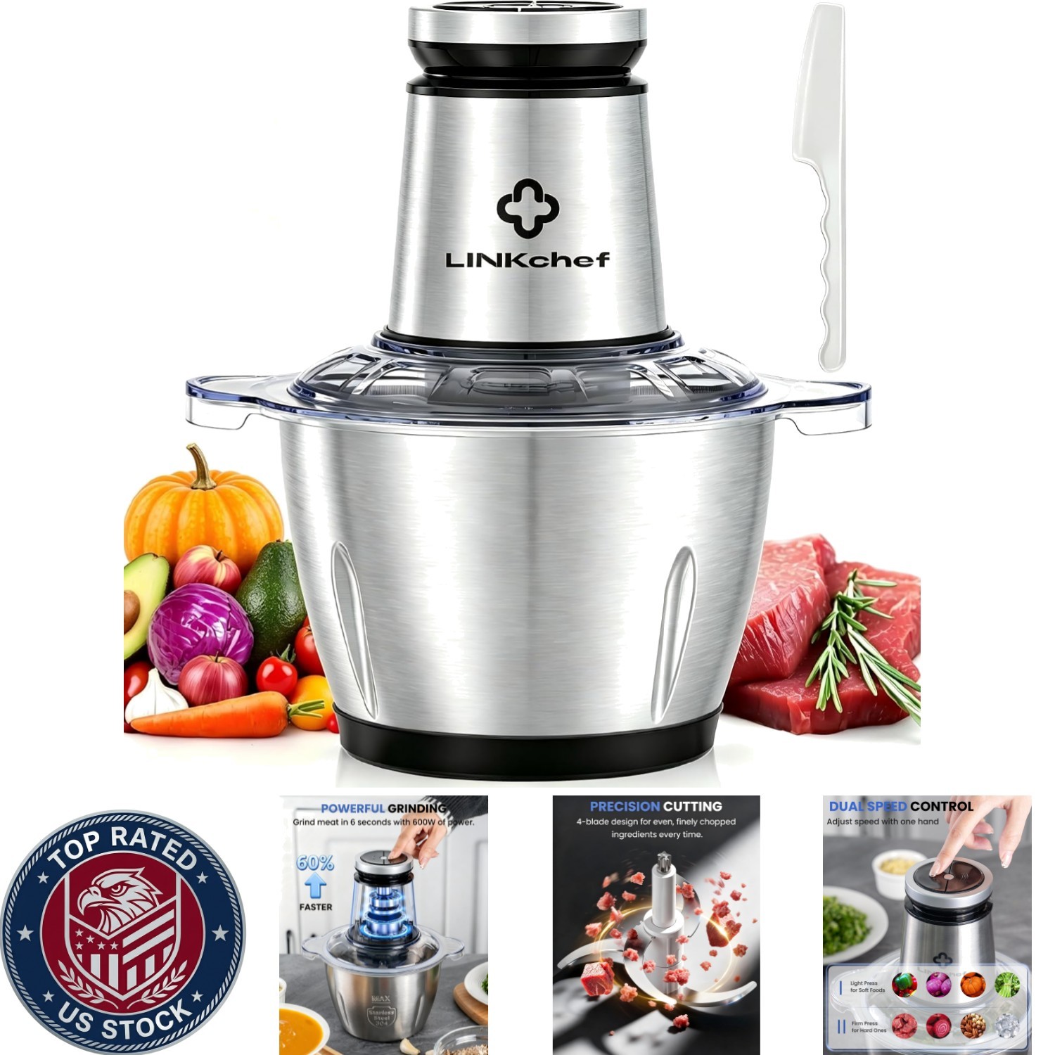 Powerful 600W Food Processor with 10 Cup Stainless Steel Bowl & 2-Speed Control