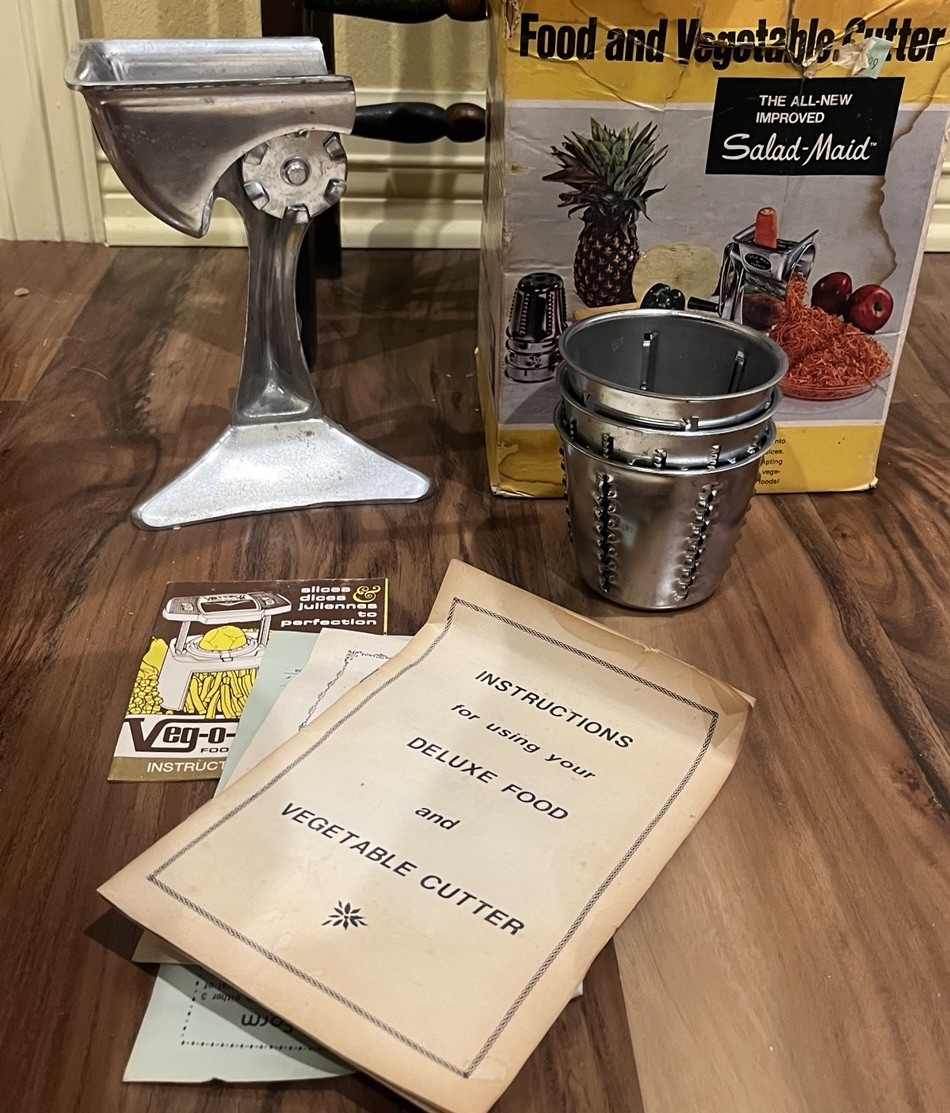 Salad-Maid By Foodco Vintage Metal Food Salad Grinder With 3 Blades In Box