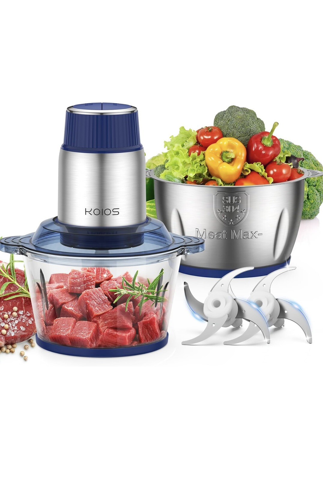 KOIOS 500W Powerful Electric Food Processor 8 Cup Stainless Steel & Glass Bowls