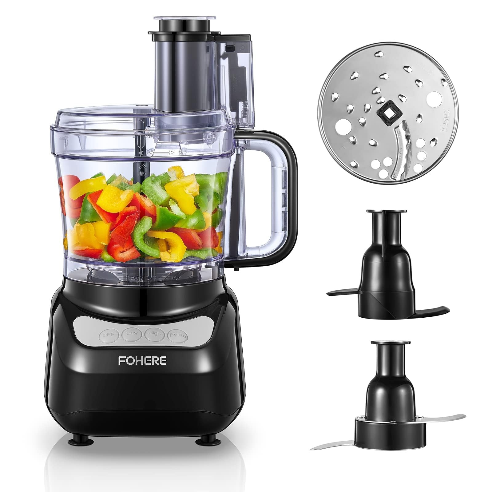 Fohere Food Processor 12 Cup 2-In-1 Feed Chute Food Grinder 500 Watt Motor Bpa